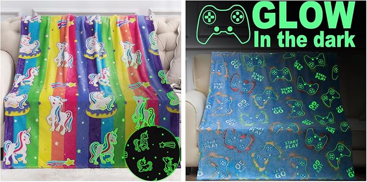 Jekeno Unicorn & Gaming Gamer Gifts Toys for Kids Boys Girls - Glow in The Dark Blanket Christmas Birthday Gift Rainbow Donut Throw for Age 1 2 3 4 5 6 7 8 9 10 12 13 Years Old Teens Child Toddlers