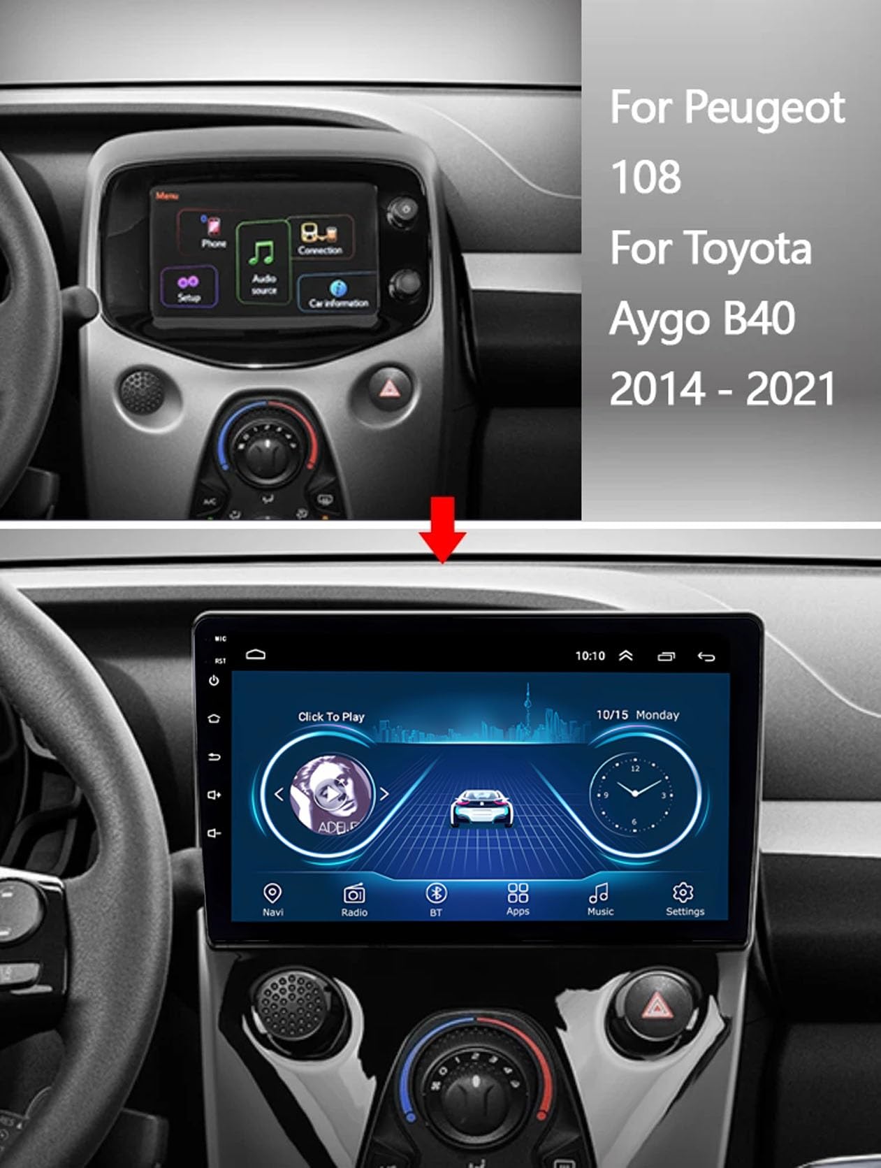 Android 14 Autoradio 2-DIN 9 Inch – Voor Peugeot 108/Toyota Aygo B40 (2014-2021) – Wireless Carplay, GPS, AHD Camera