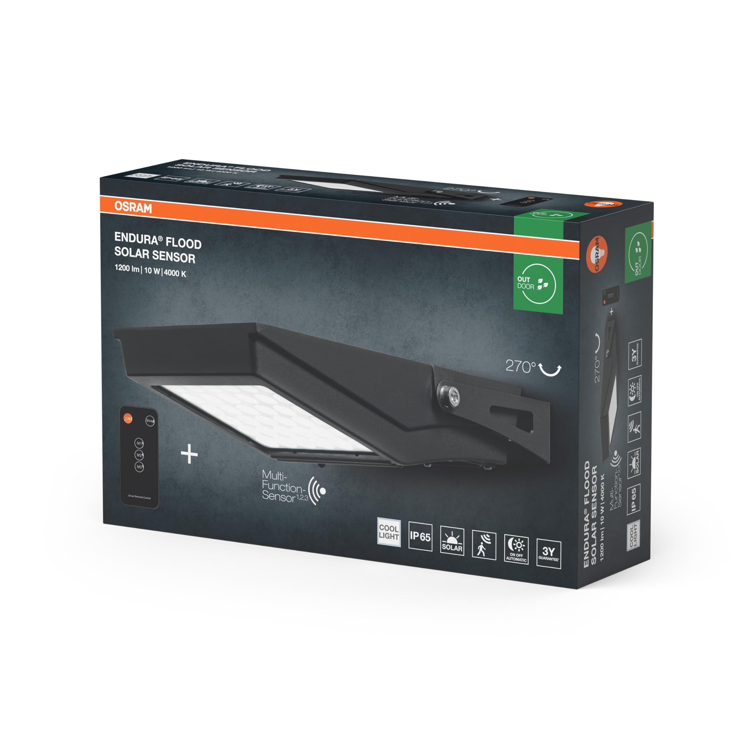 Osram Projecteur LED ENDURA Flood Solar, 10W, à énergie solaire, capteur intégré, blanc froid, télécommande, longue durée de vie de la batterie jusqu'à 4 h à pleine luminosité, protection IP65