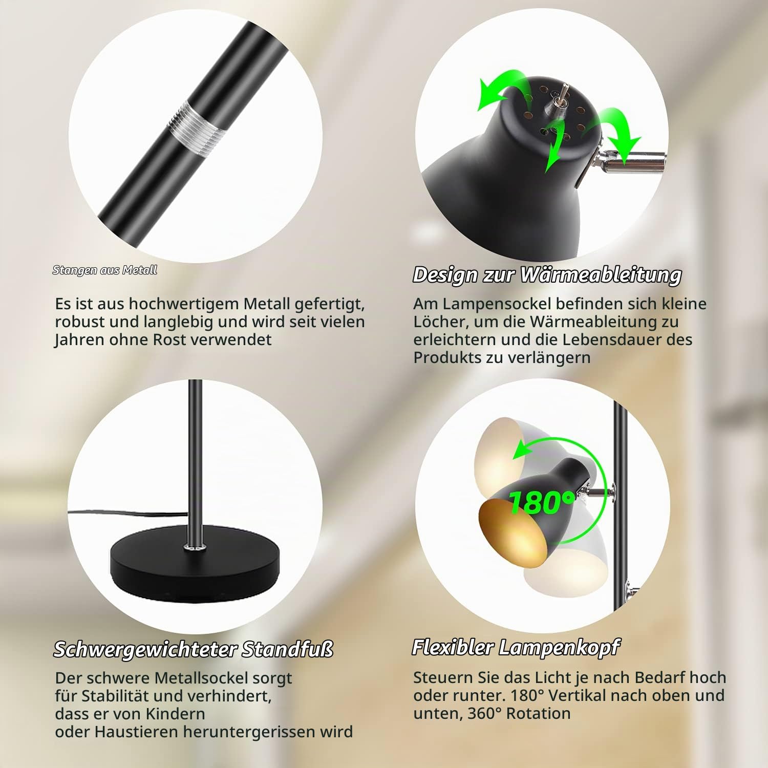 Lese-Stehlampe Baum-Stehlampe, Schwarz-Gold, 3 verstellbare Lichter | Retro-Metall, E14, 168 CM, Unabhängige Steuerung, Für Wohn- und Schlafzimmer