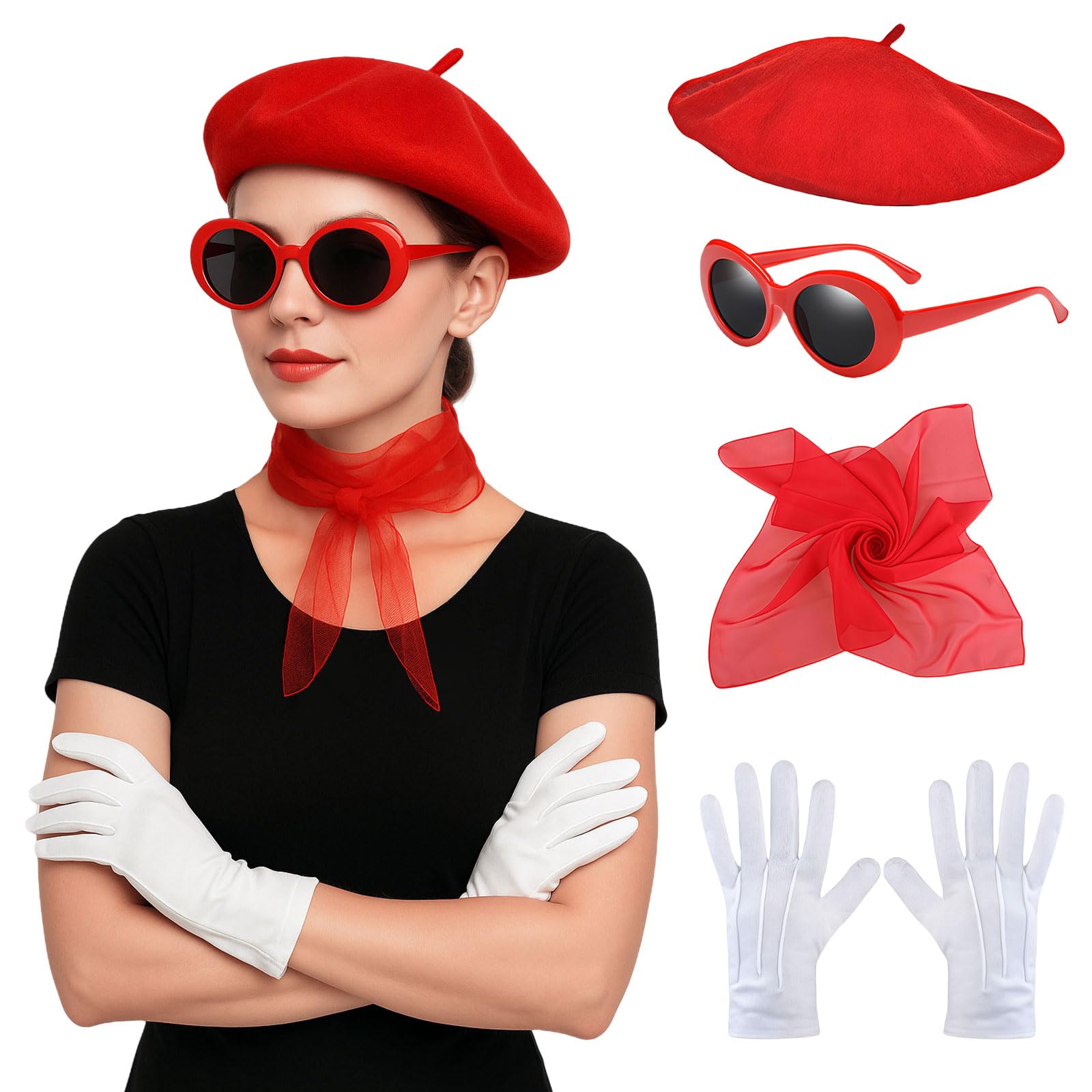 GWAWG 4PCS French Women set,Red Beret Scarf Sunglasses Gloves,Fancy Dress Costume Accessories Set,French Artist Mime Kit for Girls Cosplay Party Supplies - Image 4