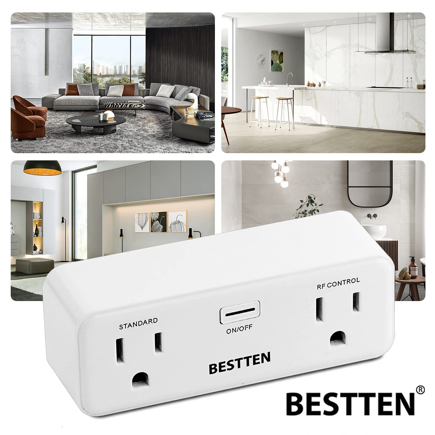 BESTTEN Wireless Remote Control Outlet Combo Kit (5 Wall Outlets + 2 Remotes), Each Outlet Contains 1 Always-ON & 1 RF Control Sockets, 15A/125V, ETL&FCC Certified, White
