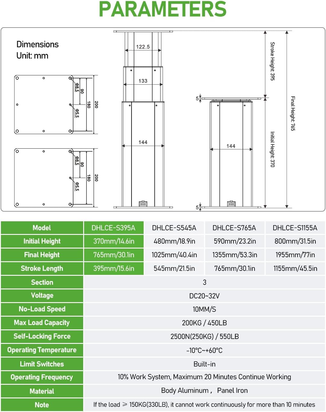 DIHOOL Electric Lift Table with 3-Section Sleeve Lifting Structure, Built-in Limit Switch, and Quiet Operation