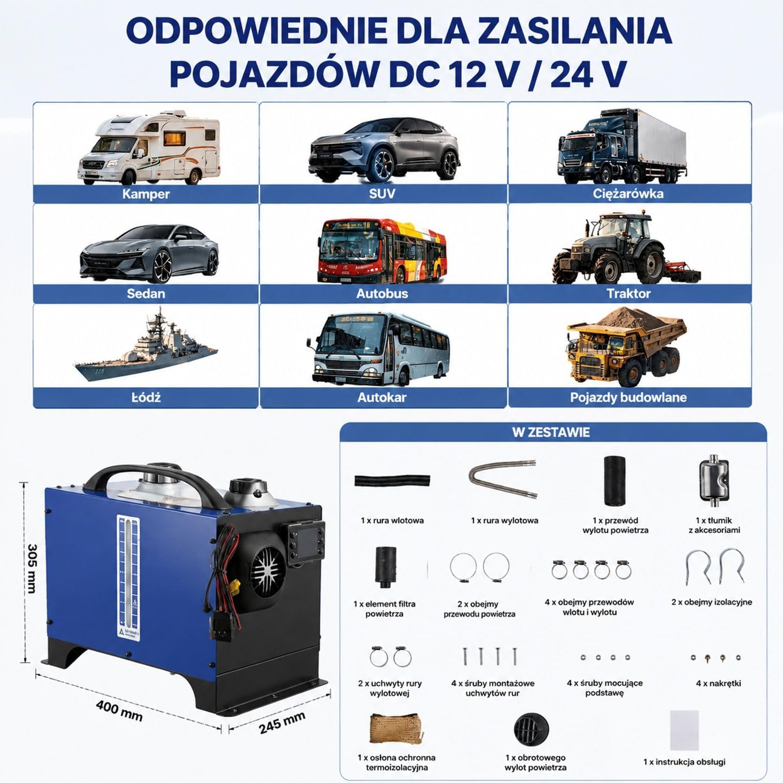 Przenośna nagrzewnica powietrza na olej napędowy 8 kW 12 V 24 V ze zbiornikiem paliwa 5 l do ciężarówek kamperów i ciągników