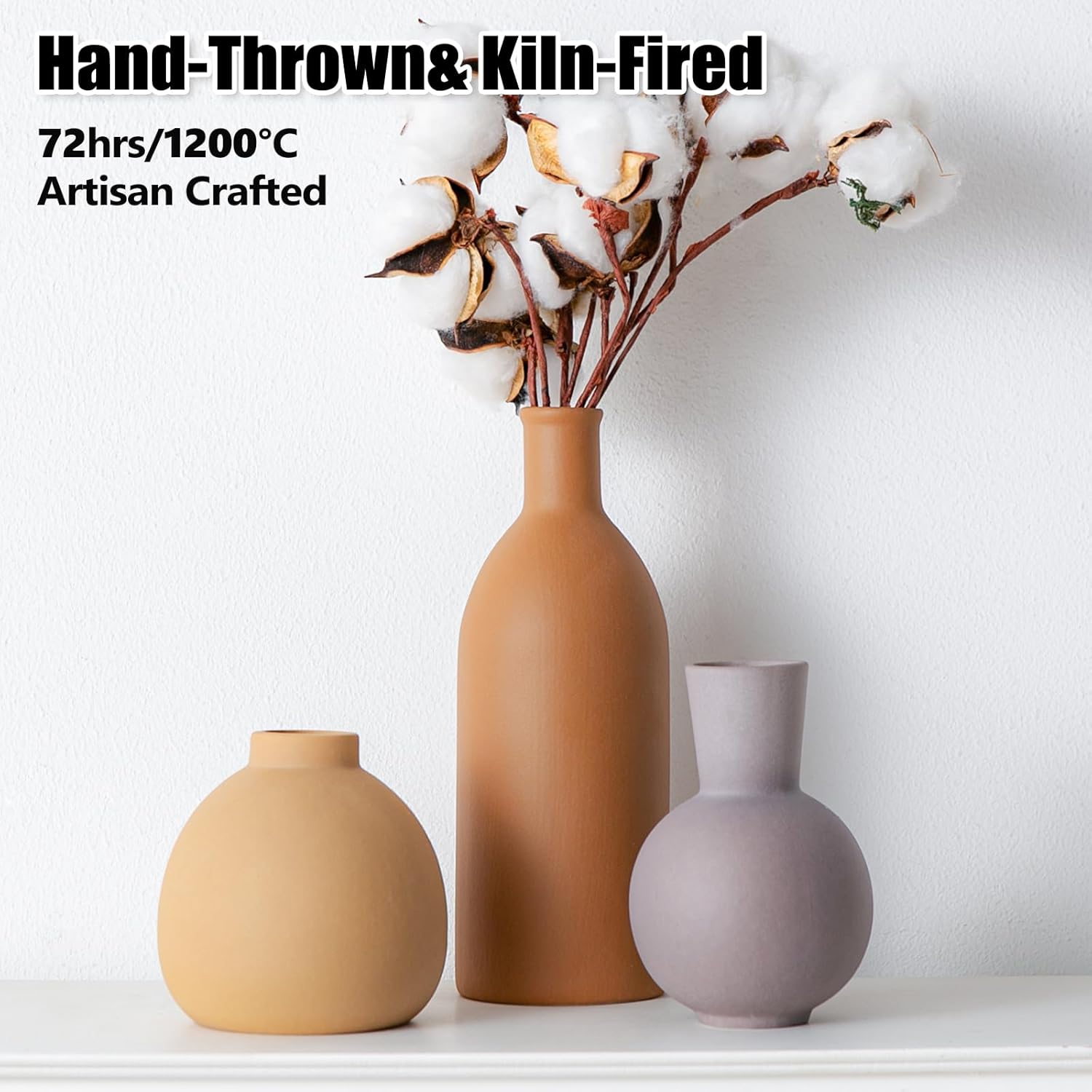 ceramic flower vase set of 3, home decor vases for centerpieces, tulips flowers pampas grass decor, boho rustic farmhouse kitchen bedroom bathroom living room office wall decor aesthetic -brown multicolor-brown