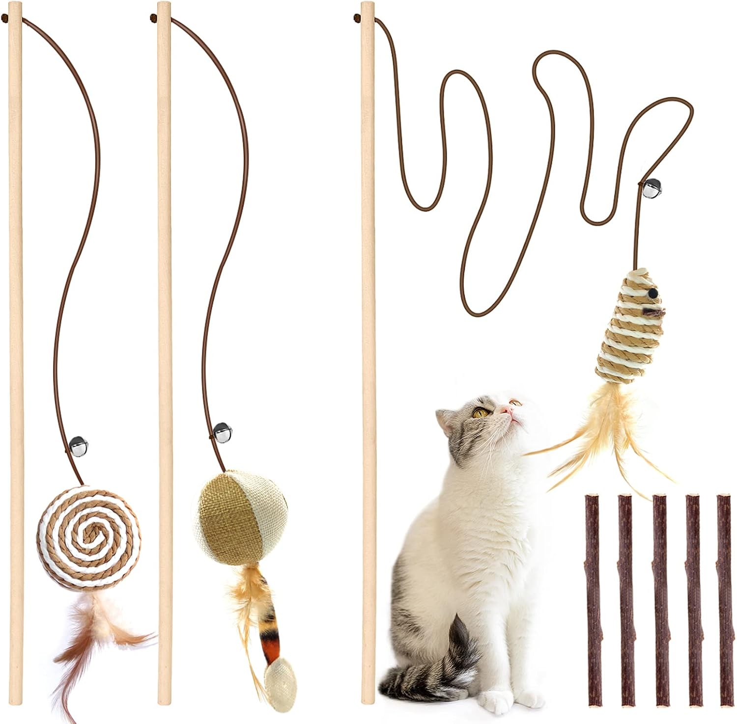 KABB 3 PCS Cat Wand Toys, 16 Inch Natural Wooden Cat Teaser Toys with 5 PCS Silvervine Sticks for Cat, Interactive Cat Stick Toy for…