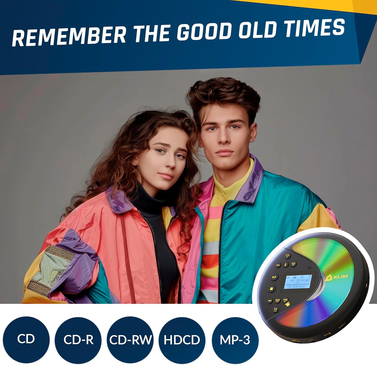 KLIM Discover with Headphones - Portable CD Player with Long-Lasting Battery - New - Radio FM - Compatible MP3 CD Player Portable - SD Card, FM Transmitter, Bluetooth - Ideal for Cars - Black/Gold