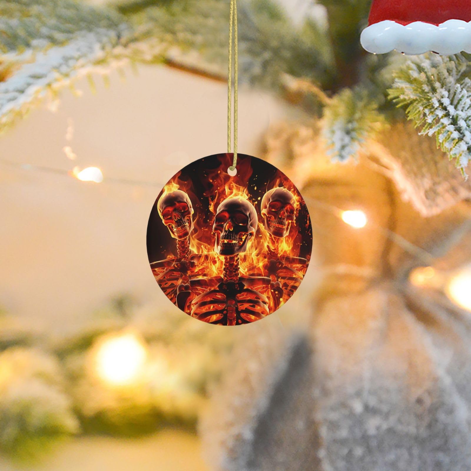 Christmas Tree Ornaments Ceramics Christmas Round Decorations fire Skeletons Ceramics Ornaments Circle Pentagram Xmas Tree Hanging Pendant for Christmas Tree Party Holiday Home Decor