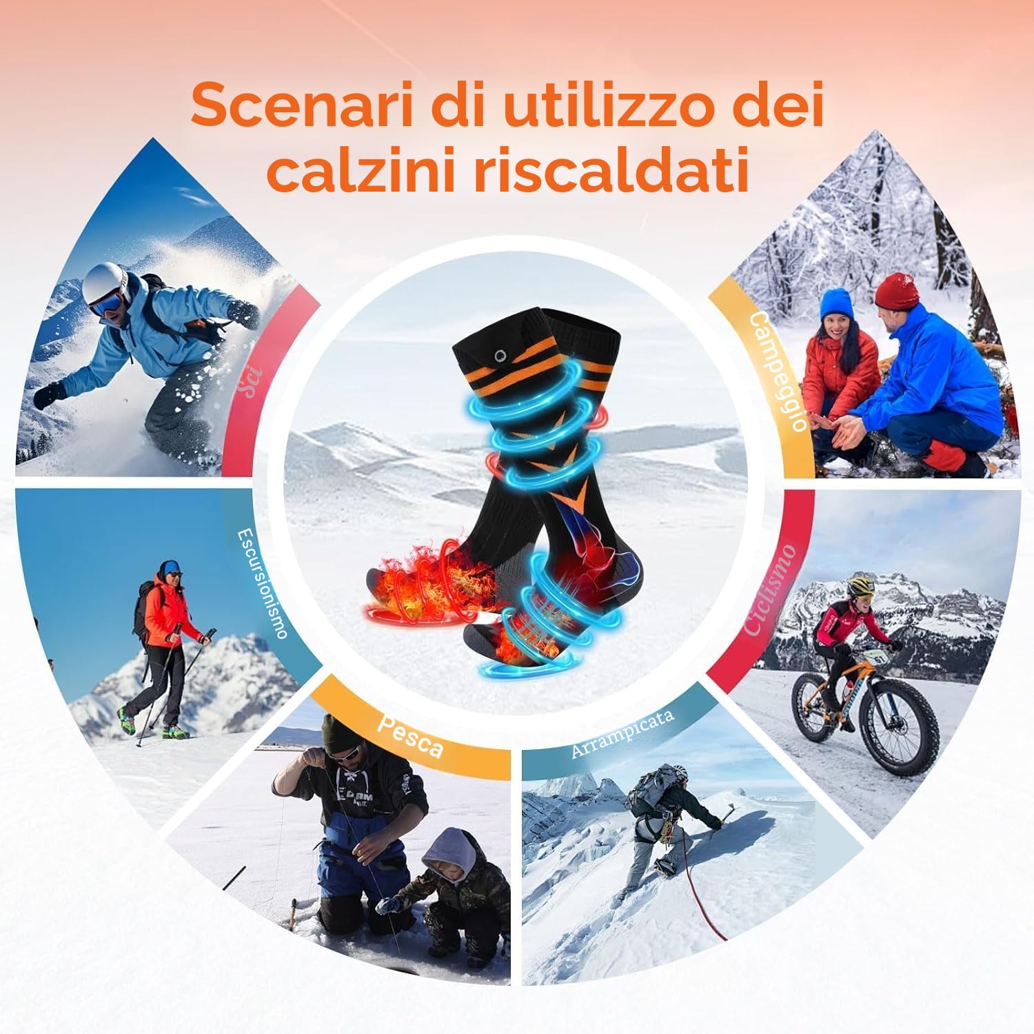 Calze Riscaldate a Batteria, 5000mAH Calzini Scaldapiedi Con controllo dell'app, USB Riscaldati Scaldapiedi Elettrico con 4 Impostazioni di Riscaldamento per Sport All'Aperto e Sci