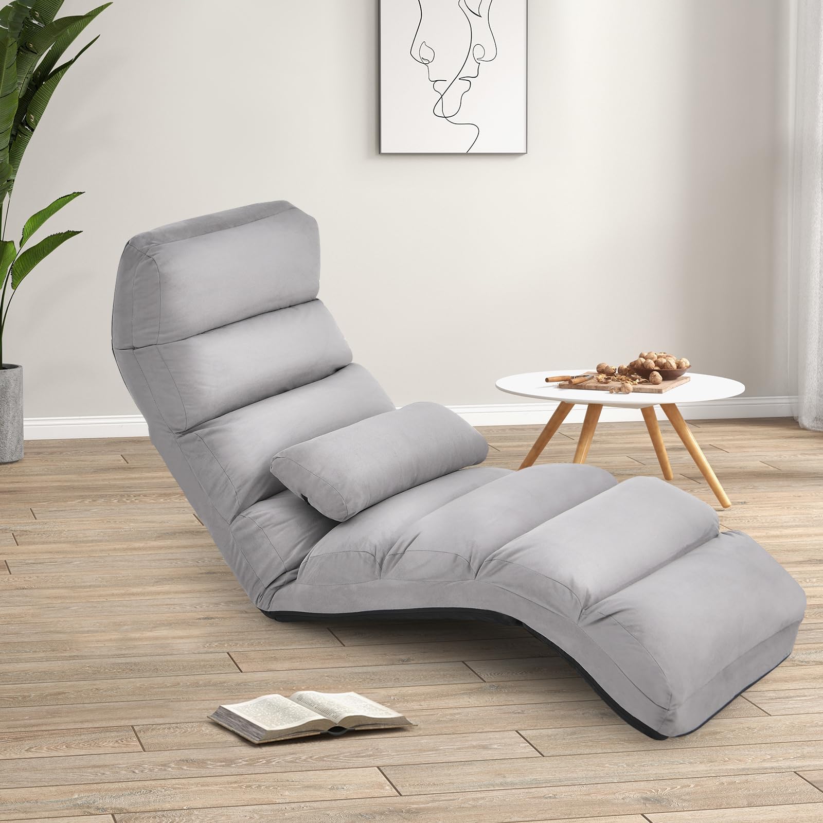 COSTWAY Fauteuil Relax Salon en Faux Daim Pliable, Réglable sur 5 Positions Chaise de Relaxation Rembourrée Fauteuil Sol pour Salon, Mobilier de Bureau, Chambre (Gris)