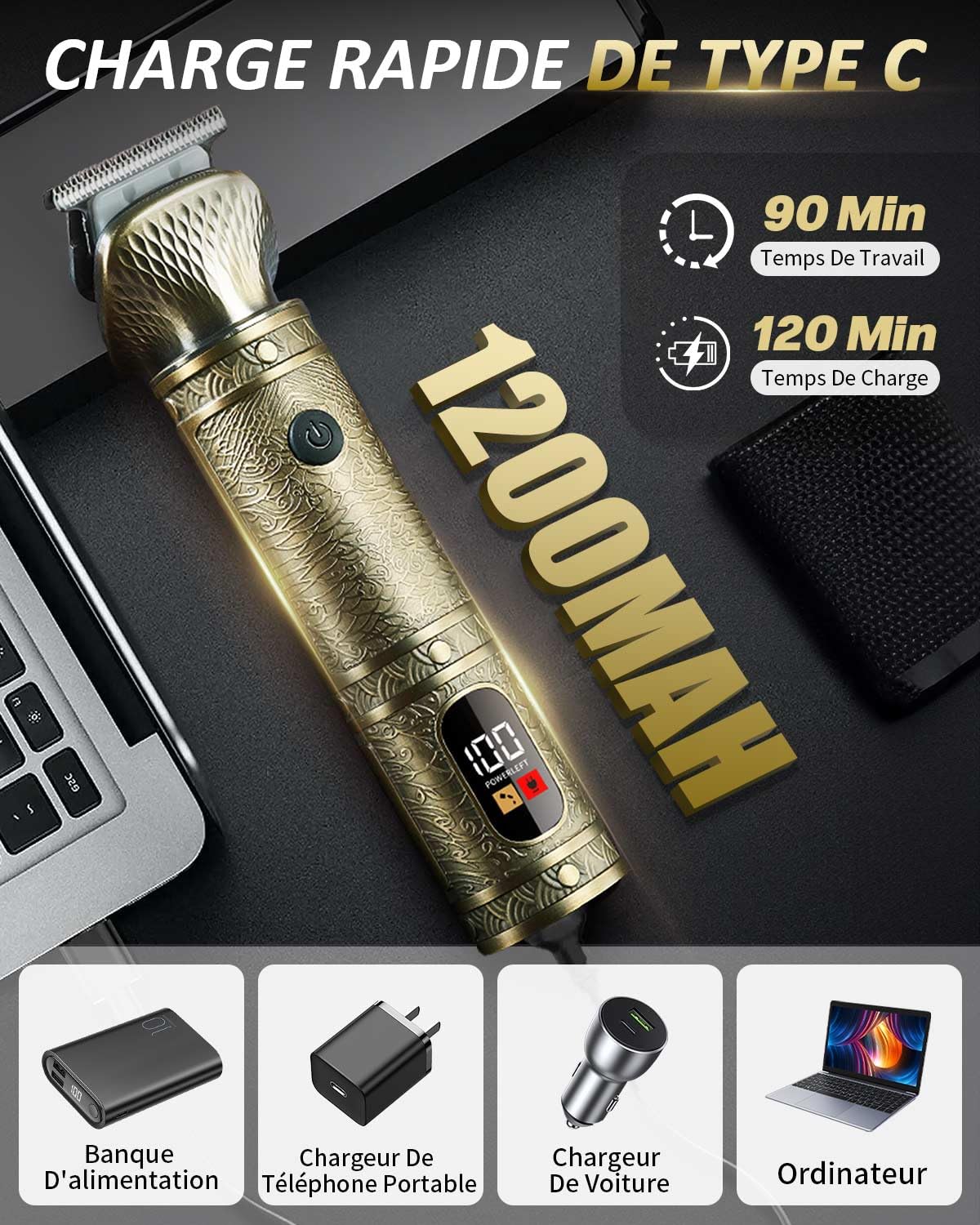 7 en 1 Tondeuse Barbe Homme Tondeuse Cheveux Professionnel, Lame en T Rasoir Électrique Kit avec Écran LED, USB C Rechargeable, Technologie Silencieuse, Etanche Tondeuse Corps Homme pour Cadeau/Salon