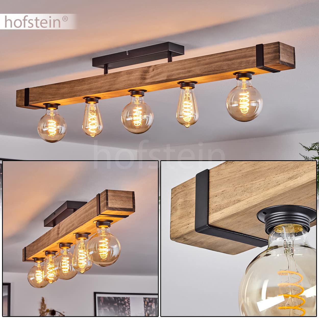 hofstein Lámpara de techo Montgomery, lámpara de techo de metal/madera en negro/naturaleza con viga de madera (100 cm), 5 x casquillo E27, sin bombillas