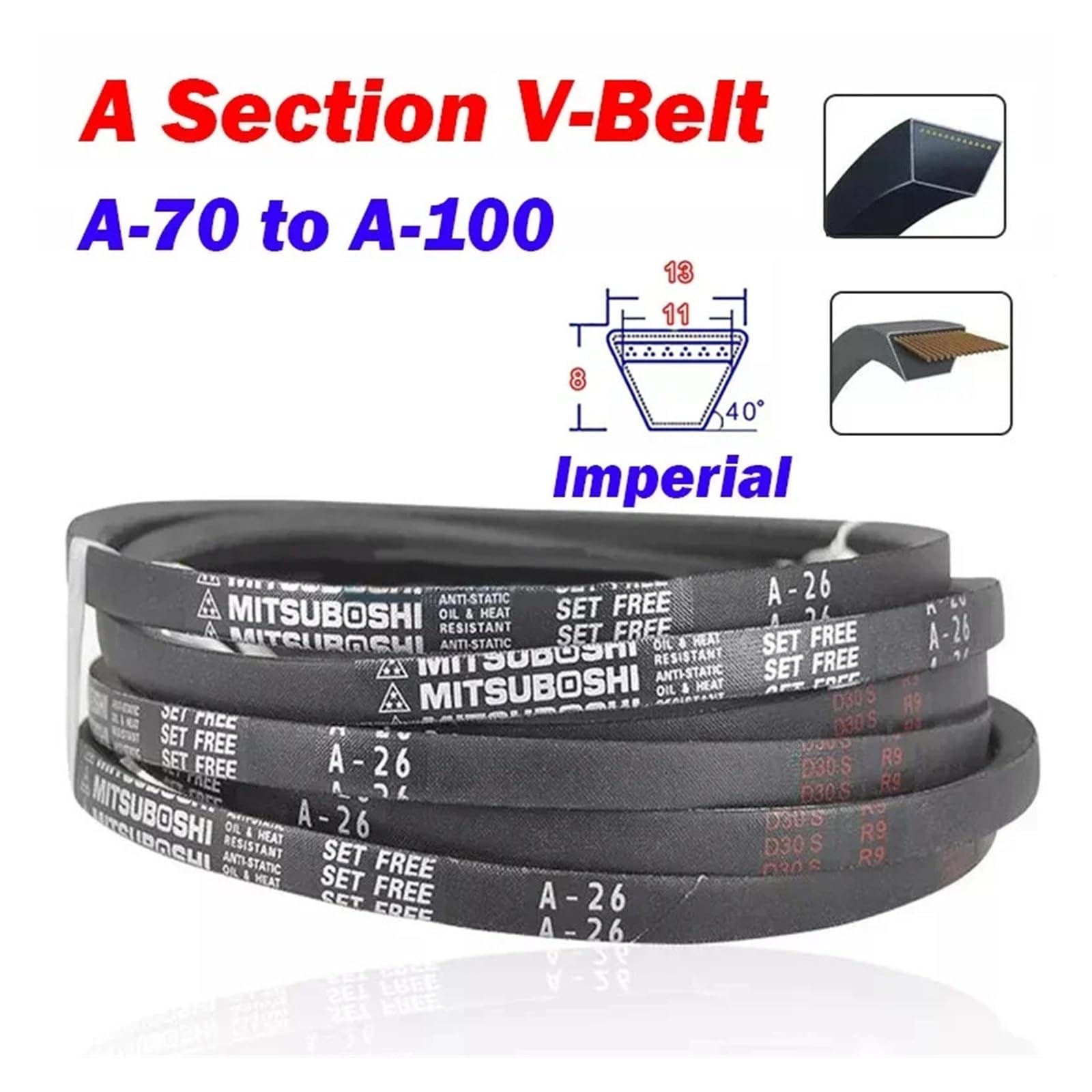 1 pz. Cinghia trapezoidale sezione A, dimensioni da A-70 a A-100, cinghie di trasmissione triangolari imperiali for tosaerba for auto(A-100)