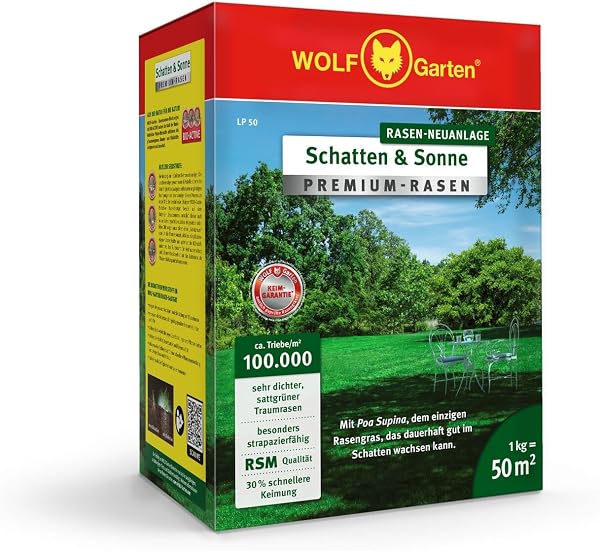 WOLF-Garten „Schatten & Sonne“ Premium-Rasen LP 50 (für 50 m², sehr hohe Dichte mit ca. 100.000 Trieben/m2, besonders strapazierfähig, hohe Schattenverträglichkeit, 1kg Faltschachtel) 3820031 - 1