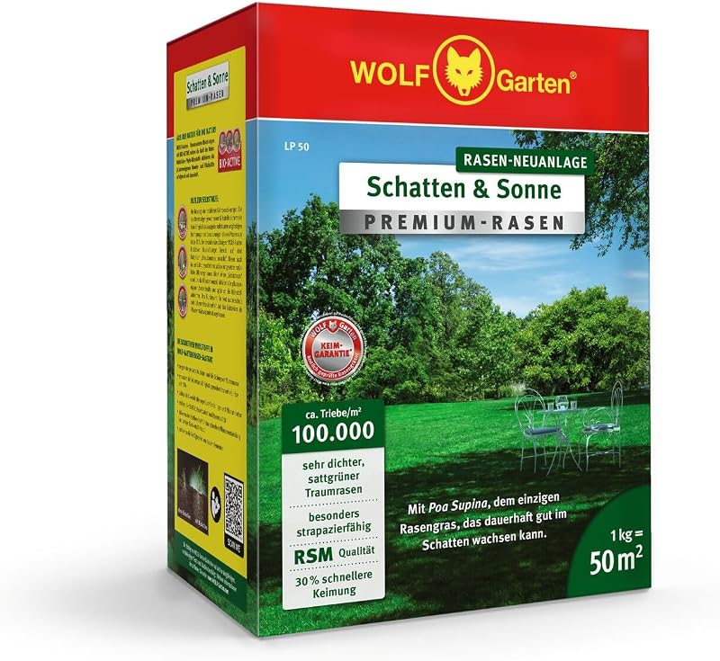 WOLF-Garten „Schatten & Sonne“ Premium-Rasen LP 50 (für 50 m², sehr hohe Dichte mit ca. 100.000 Trieben/m2, besonders strapazierfähig, hohe Schattenverträglichkeit, 1kg Faltschachtel) 3820031