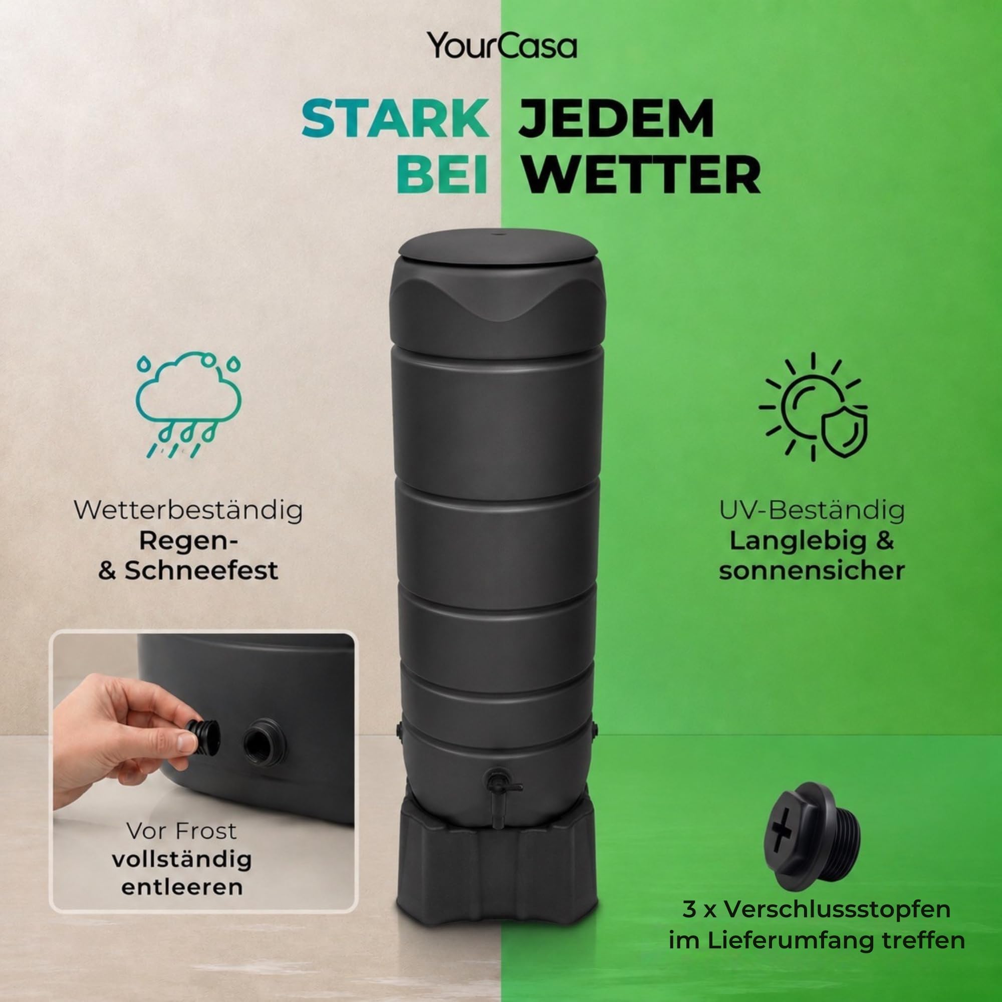 YourCasa Regentonne [CircleTower] 110L mit Standfuss, Deckel & Wasserhahn - Regenfass Frostsicher aus Kunststoff - Regenwassertonne - Regenwassertank Garten Wassertank Regensammler (Grau)