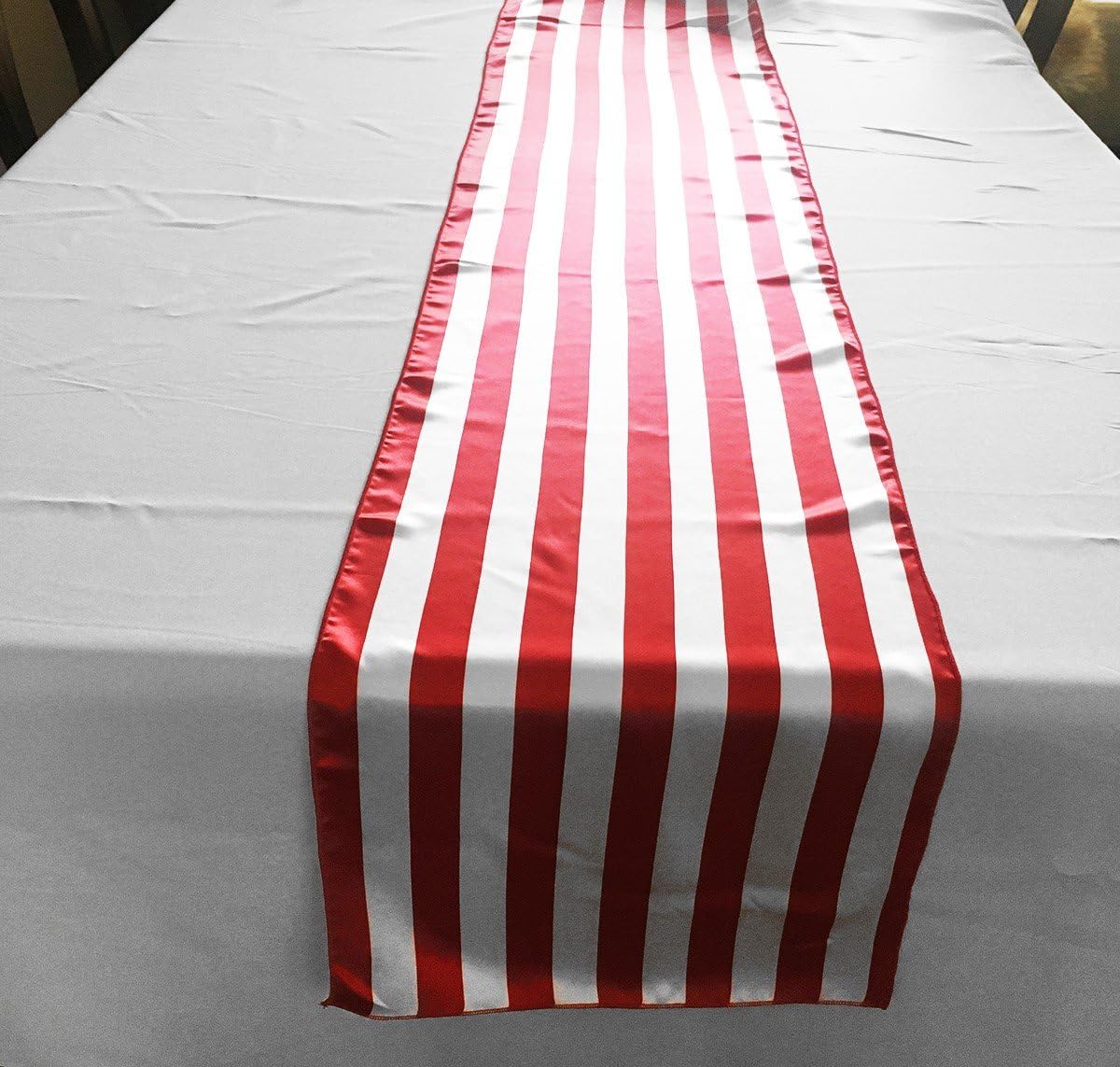 lovemyfabric Pack of 10 Satin 1 Inch Striped Table Runners for Wedding/Bridal Shower Birthdays/Baby Shower and Special Events (Navy and White, 12"X60")