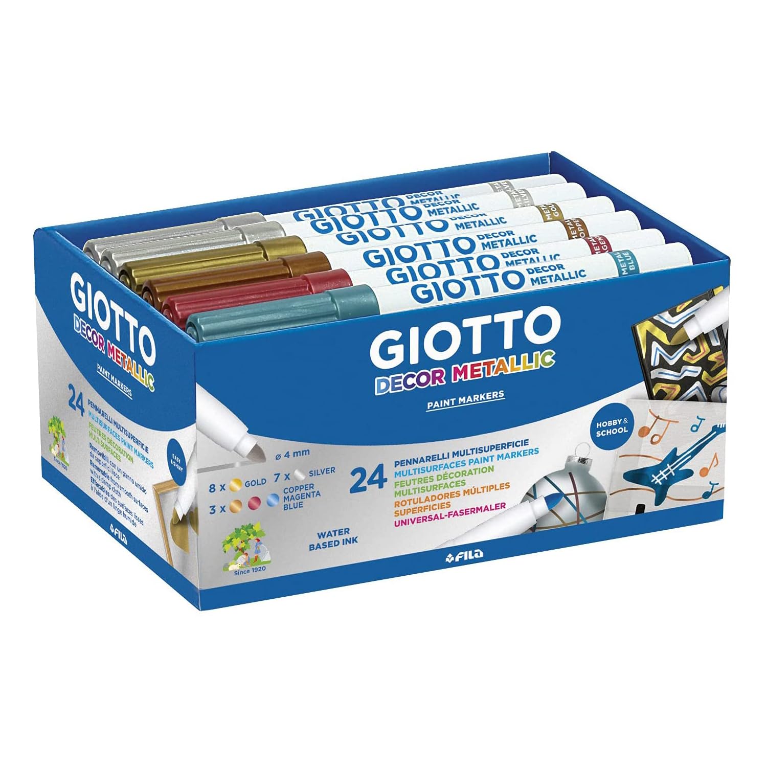 GIOTTODecor Metallic Multi-surfaces Paint Markers, Schoolpack, Medium Tip - 4mm Nib, 24 x Assorted Colours, Ideal for Children, Parties and Schools