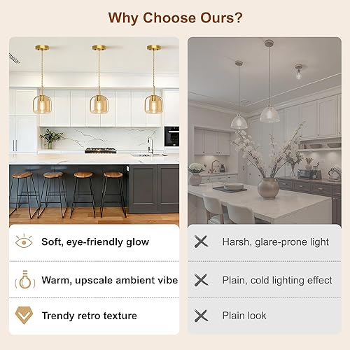 Miniatura 6 de Luces colgantes de isla de cocina, lámpara colgante dorada, luces colgantes de latón con pantalla de vidrio ámbar, lámpara colgante ajustable para