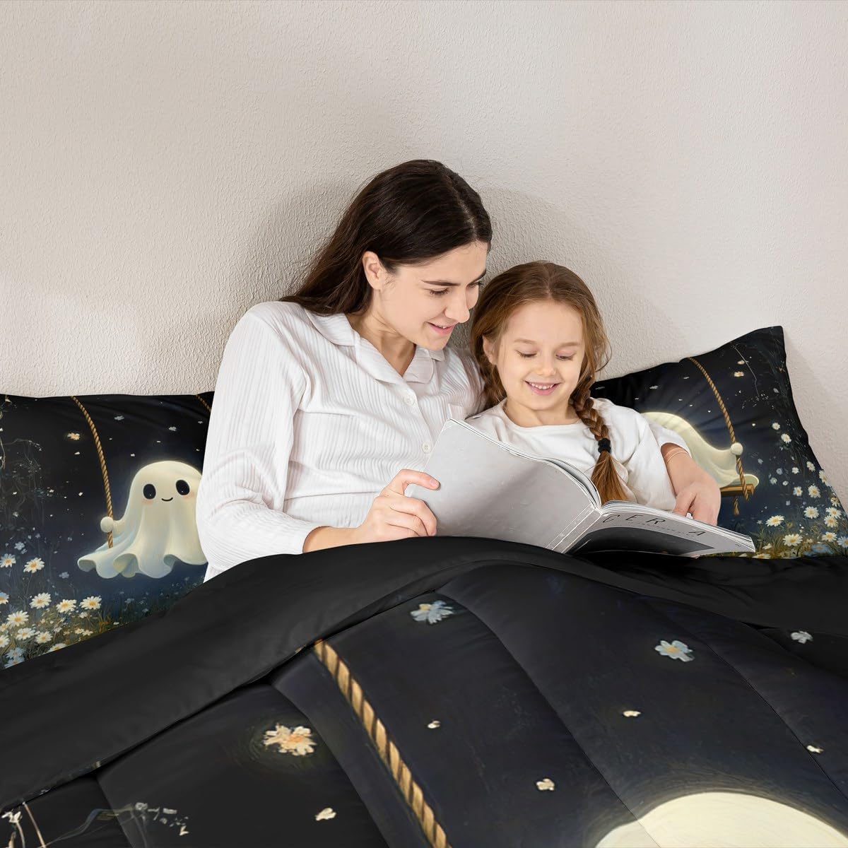 Castle Fairy Cute Ghost Comforter Set Queen Size,Halloween Ghost Swing Down Alternative Adults Room Decor,White Daisy Flowers Rustic Jungle Ultra Soft Microfiber Inner Fill 3Pcs Bedding