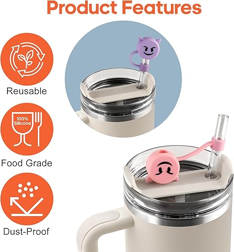 Miniatura 10 de Juego de 4 fundas de popote de silicona de Halloween para copa Stanley, bonito adorno de popote para vaso Stanley de 30 y 40 onzas, reutilizable a