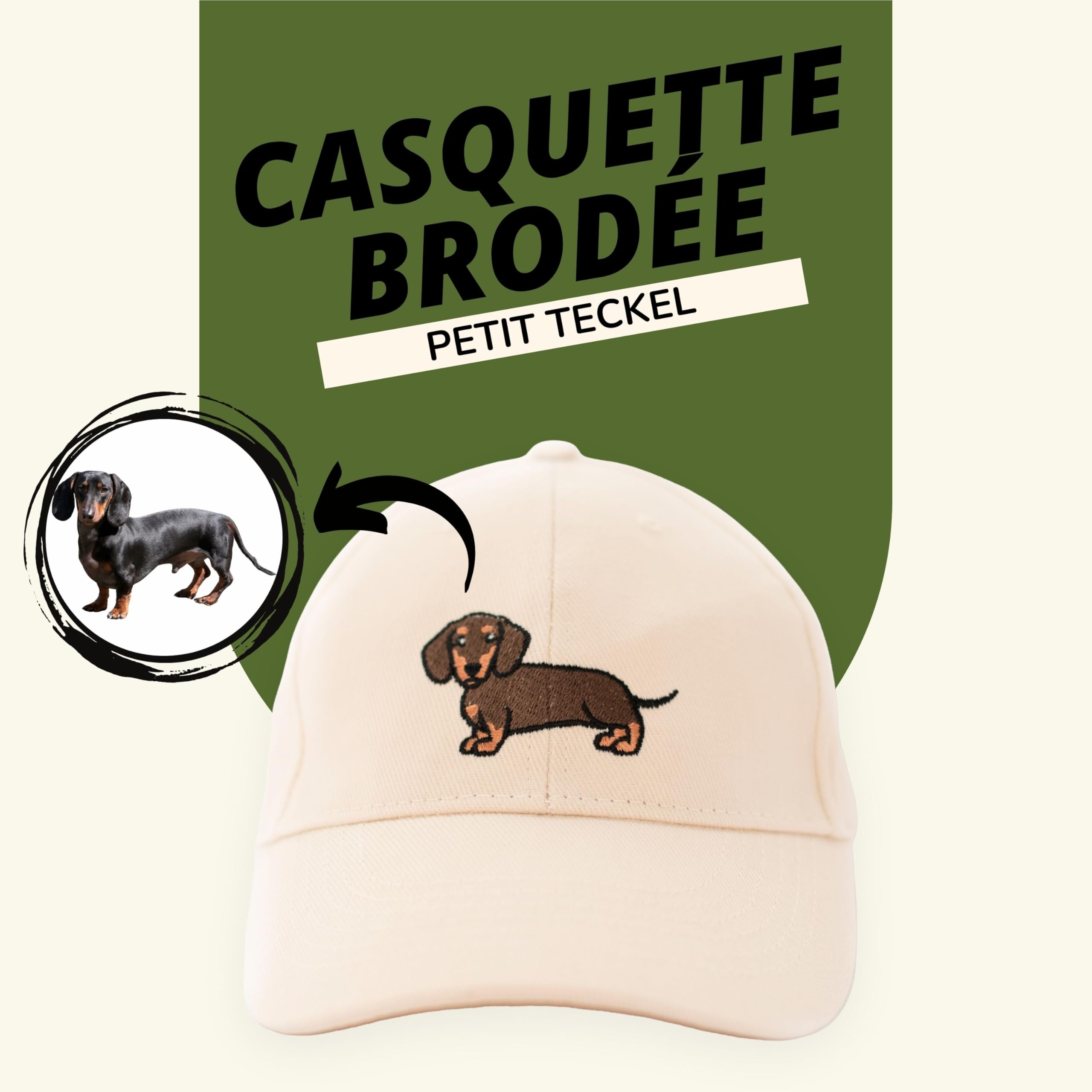 Casquette Beige Brodée avec Teckel – 100% Coton Bio | Cadeaux pour Amoureux des Chiens