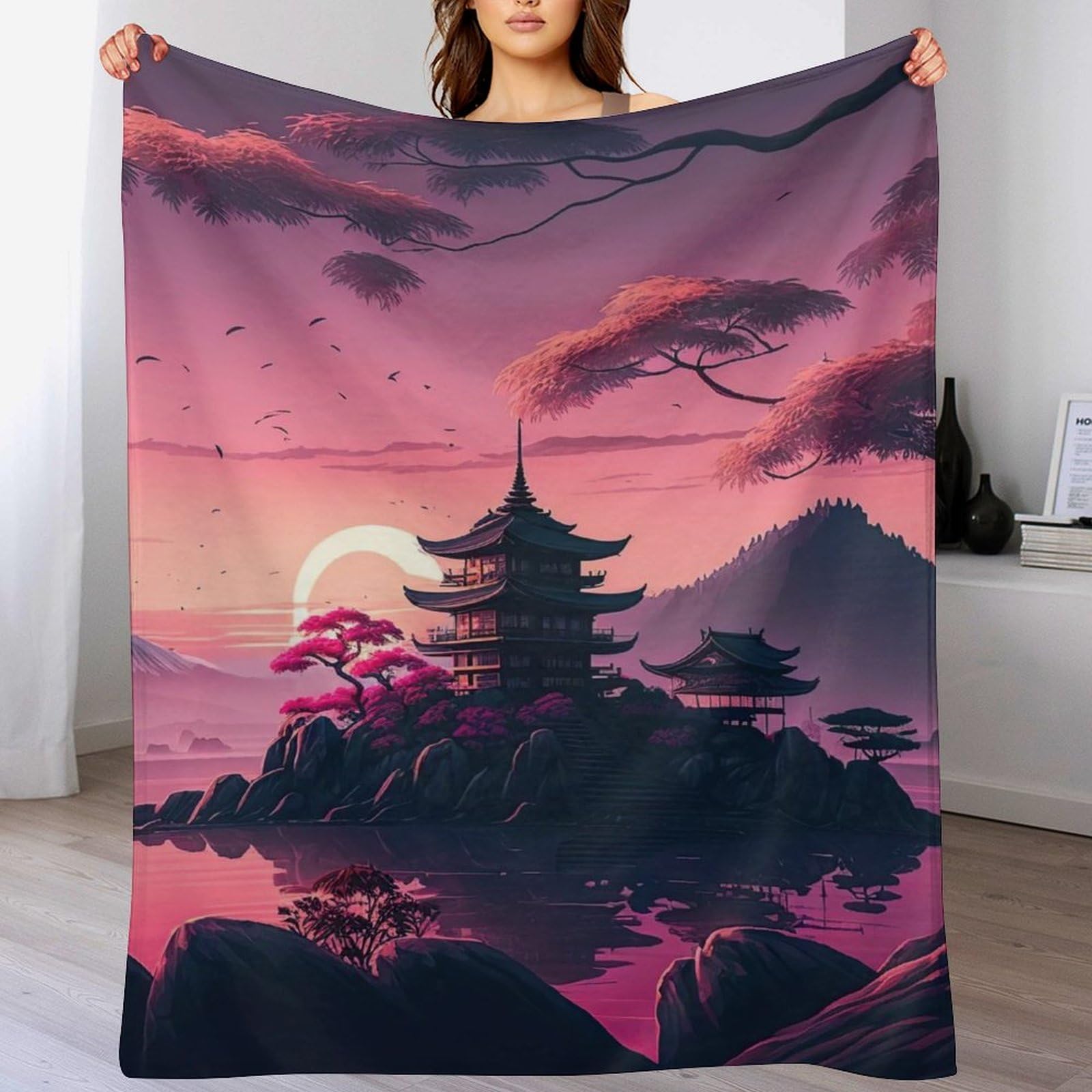 Couverture polaire Japanese Temple 180x200 cm plaid canapé imprimé