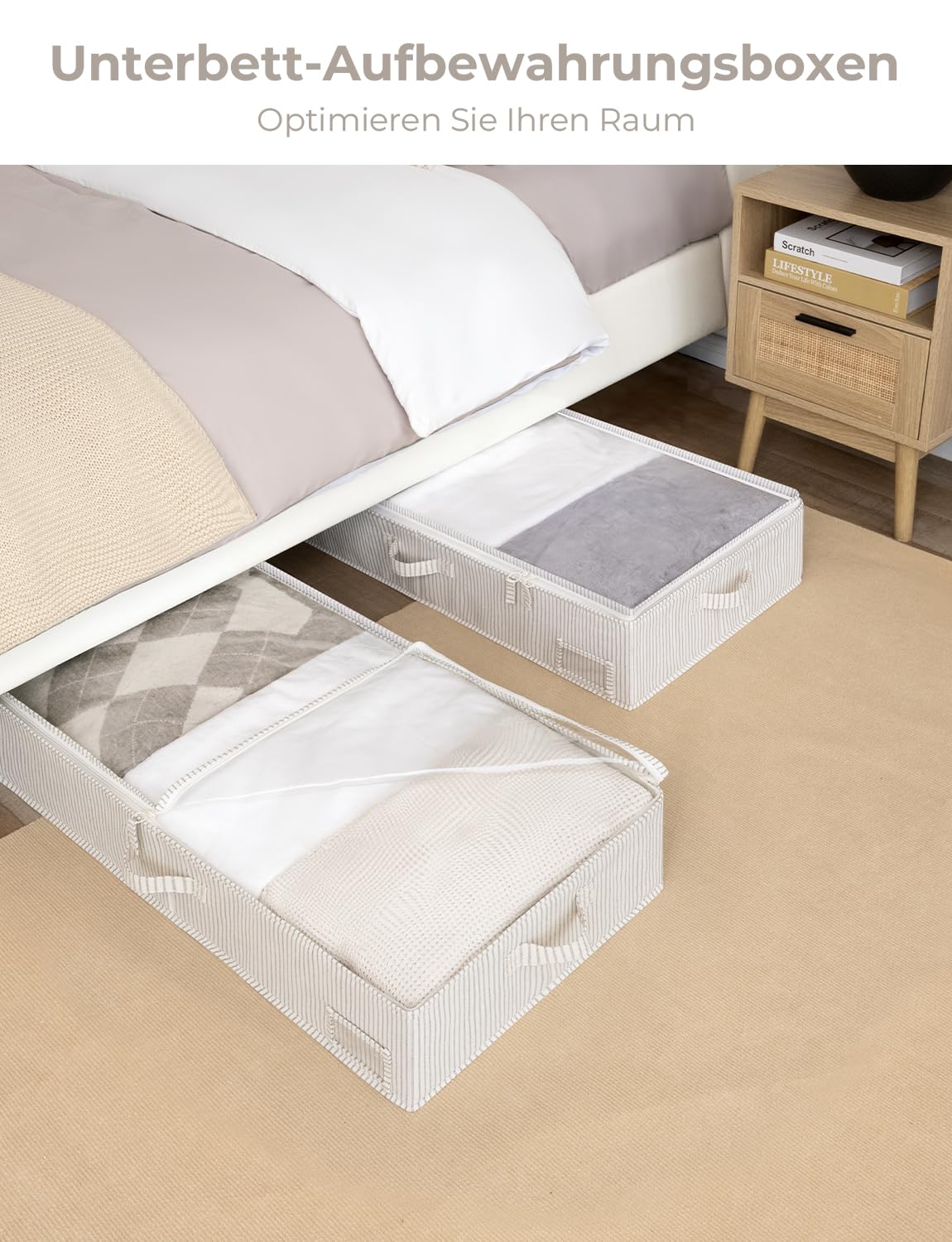 StorageWorks Scatole di archiviazione sotto il letto con coperchio, grandi contenitori per organizzare coperte e biancheria, organizzatori rigidi per abiti sotto il letto, a righe grigie e bianche