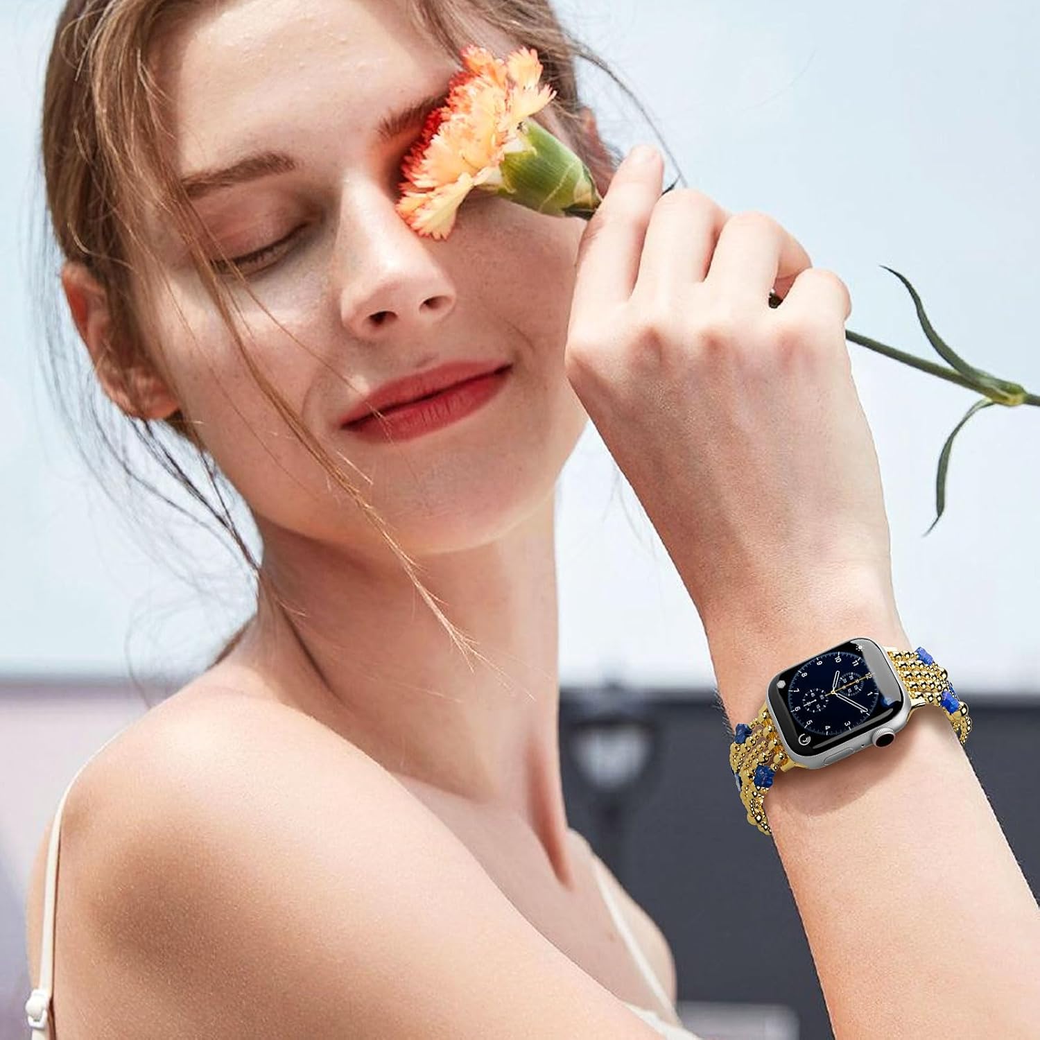 Golden Metal Beaded Bracelet Compatible with Apple Watch Band 38mm/40mm/41mm Series 10 9 8 7 SE Women, Fashion Simple Lapis Lazuli Lucky Clover Handmade Stretch Strap for iWatch Series SE（Gold&DarkBlue/38M）