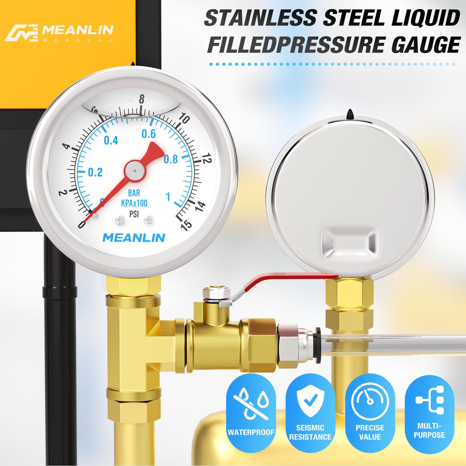 MEANLIN MEASURE 0~1BAR/15PSI Manometro in acciaio inox 1/8" BSP 1.5"FACE DIAL,riempito di glicerina,a liquido,acqua olio aria,montaggio inferiore,con boccola esagonale 1/8" x 1/4"BSP e 1/8" x 3/8"BSP