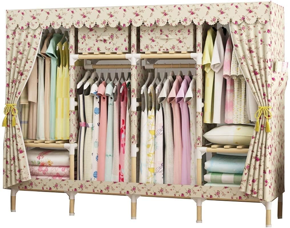 Portable Clothes Closet Non-Woven Fabric Wardrobe Double Rod Storage Organizer (Color : Argento)