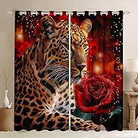 Vista 1 de Cortinas de oscurecimiento con estampado de leopardo y rosas, cortinas románticas con estampado de flores rojas para ventana, cortina 3D de animales
