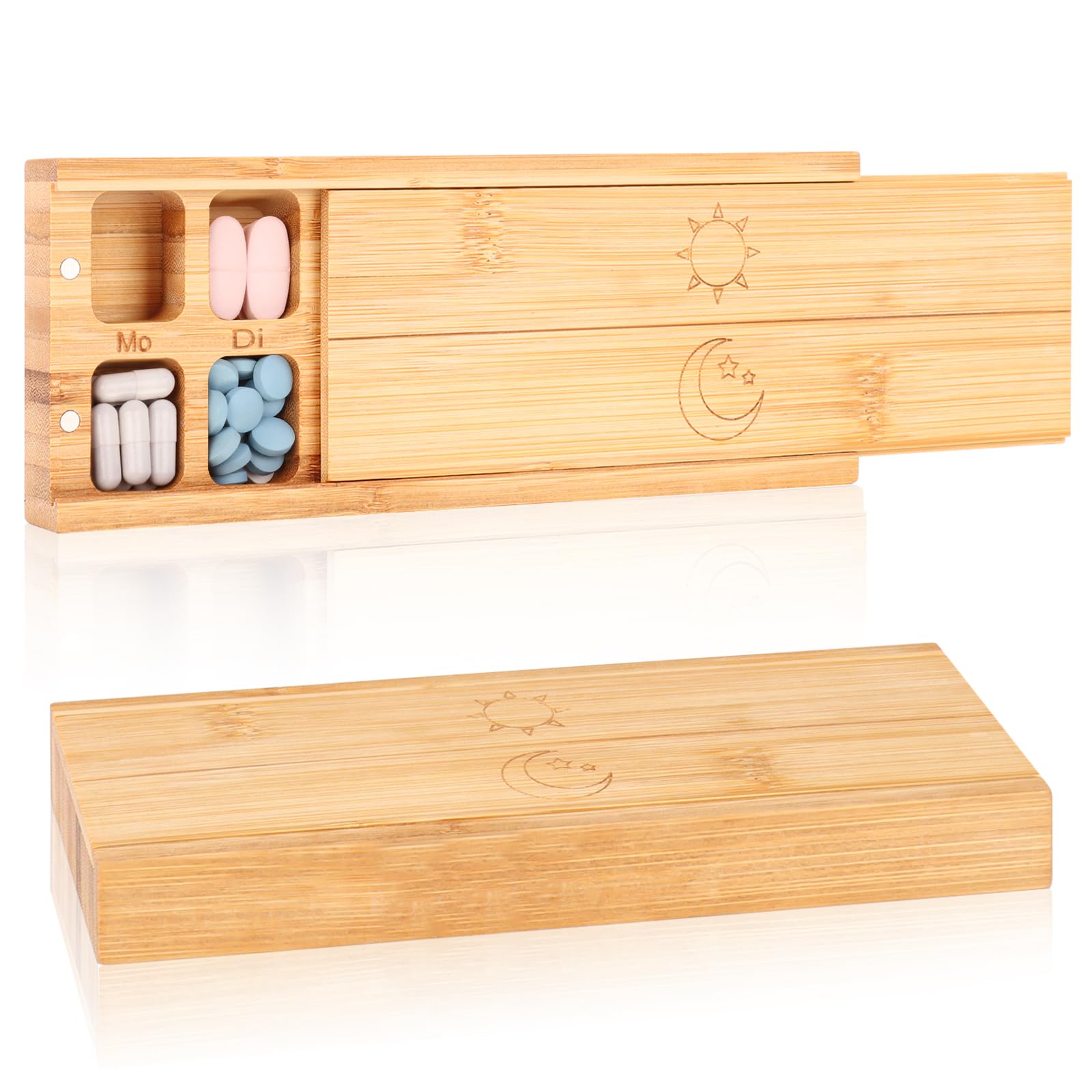 Bambusowy dozownik na leki, 7 przegródek z magnetyczną pokrywką, pudełko na tabletki, 7 dni rano i wieczorem, drewniane pudełko na tabletki, 7 dni, pudełko na suplementy, estetyczne pudełko na