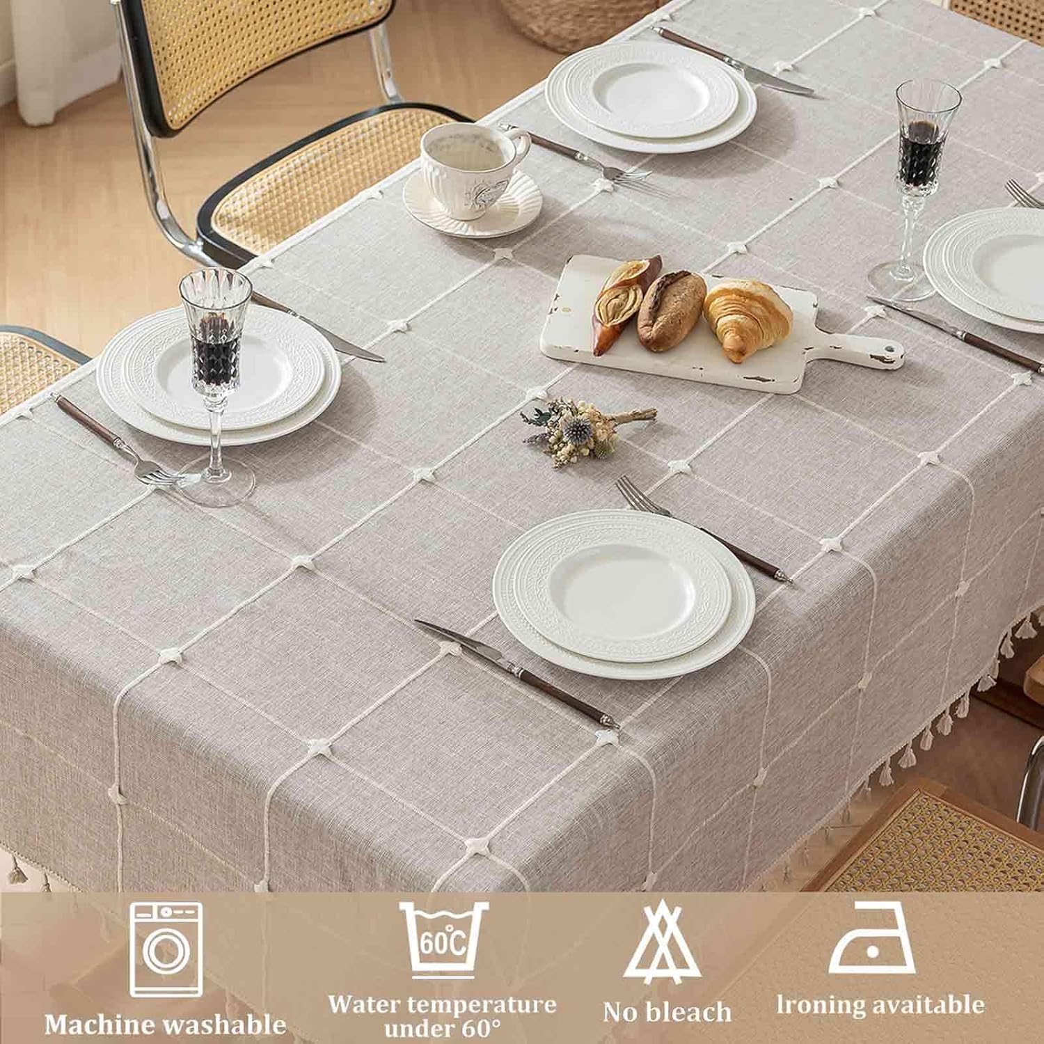 Rectangle Tablecloth Boho Grid with Tassels 55 x 120 Inch, Light Tan Embroidered Table Cloth Cover Heavy Weight Linen Look Farmhouse Plaid Checked, Water Resistant, Picnic, Indoor Kitchen Dining Beige