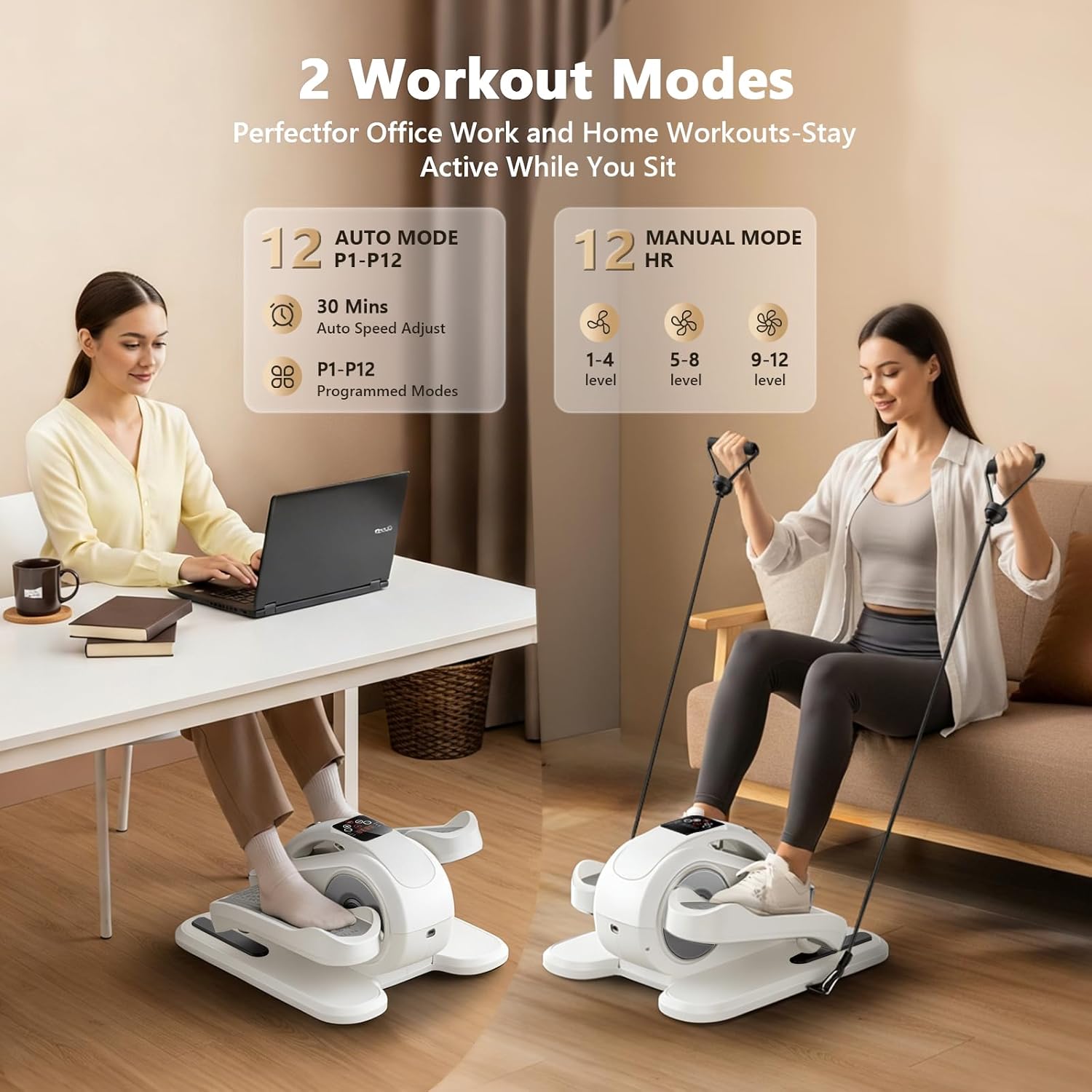 Large Size Under Desk Elliptical Machine,Electric Leg Exerciser for Seniors,12 Adjustable Speeds&12 Modes with Remote Control,Elastic Rope,Manual&Auto Mode for Home Office