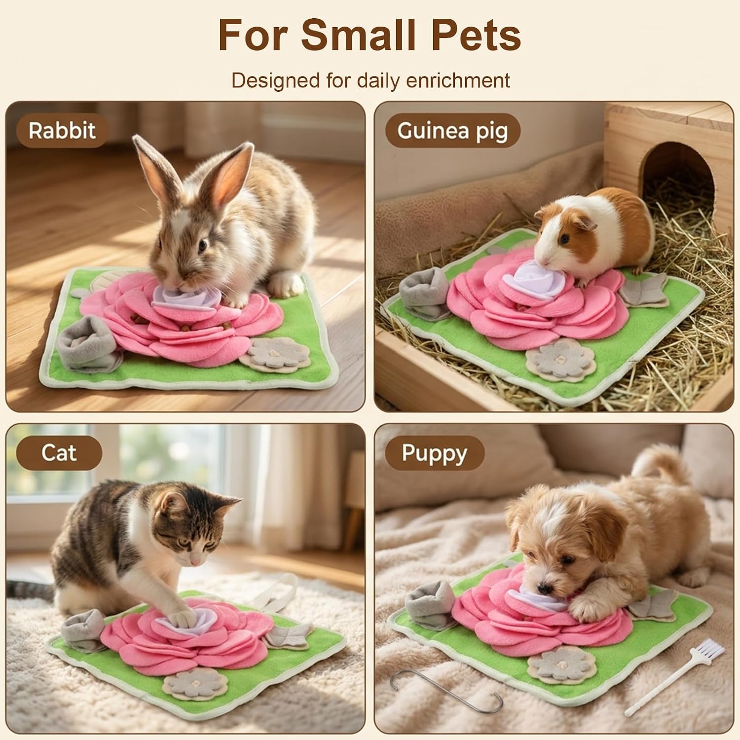 Rabbit Foraging Mat, Interactive Feed Game for Boredom, 13" × 13" Soft Pet Feeding Mat Toy for Rabbits, Guinea Pigs and Puppies, Includes Cleaning Brush & Stainless Steel Hook