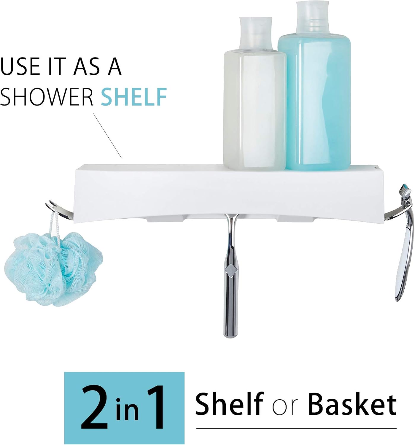 Better Living Clever Flip Shower Shelf, Basket or Shelf, White | Wall Mounted Shower Caddy Organizer w/ Removable Hooks, Multi-Purpose, No Drilling Adhesive, 16.88" x 4" x 2.88"