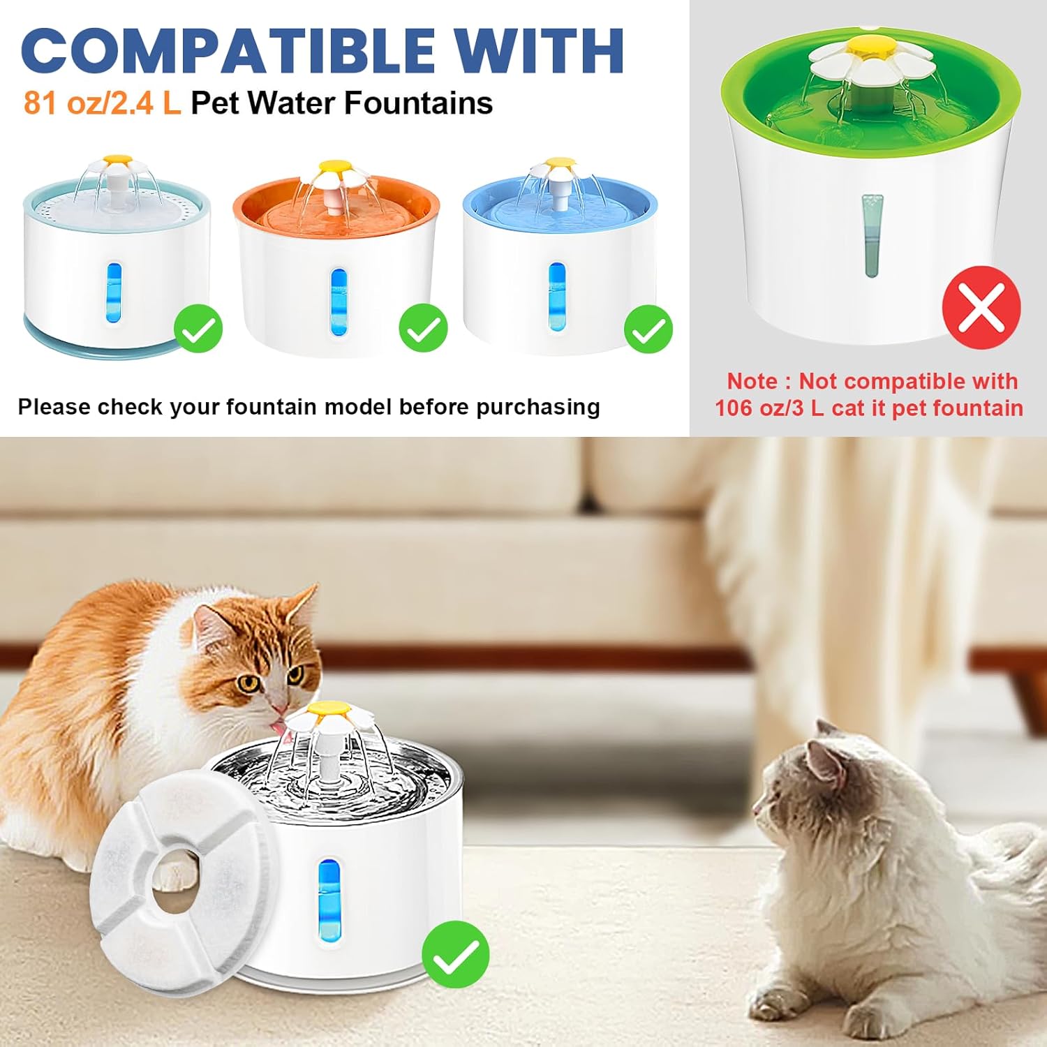 12 Pack Cat Water Fountain Filter, 8 Pcs Cat Fountain Filters Replacement Dia is 5" & 4 Pcs Pre-Filter Sponges for 81oz / 2.4L Round Automatic Pet Water Fountain Dog Dispenser, 3-Filtration System - Image 2