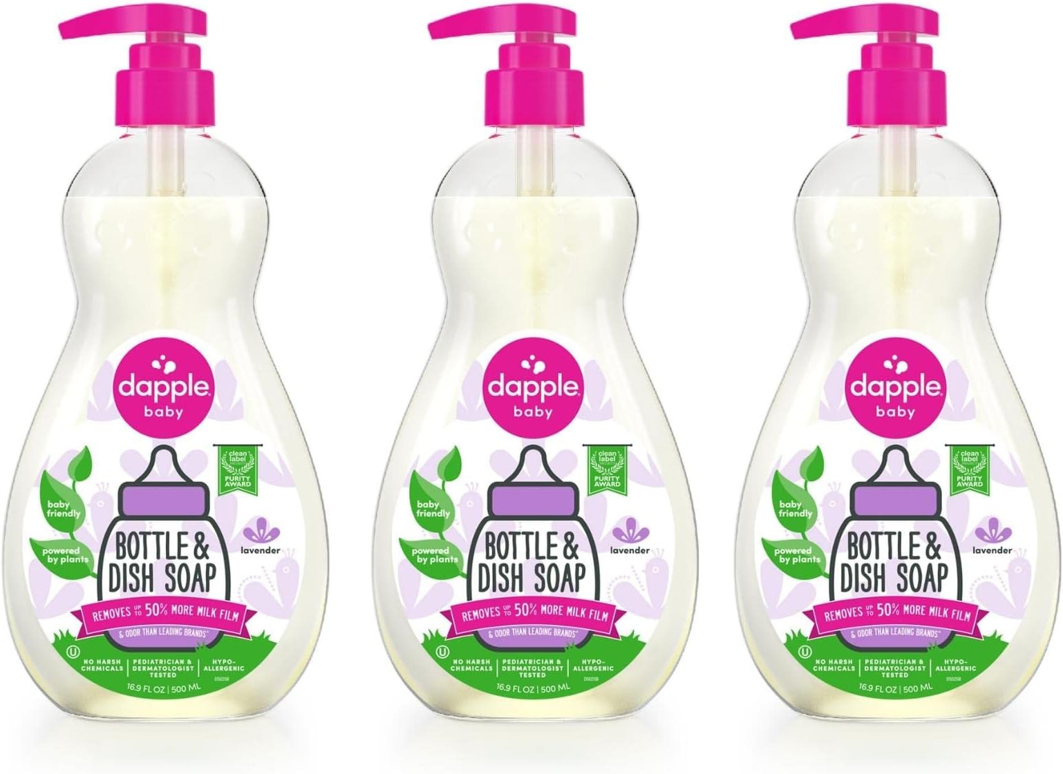 Dapple Baby Bottle Soap, Hypoallergenic Dish Soap for Baby Bottles, Powered by Plants, Lavender, 16.9 Fl Oz (Pack of 3)