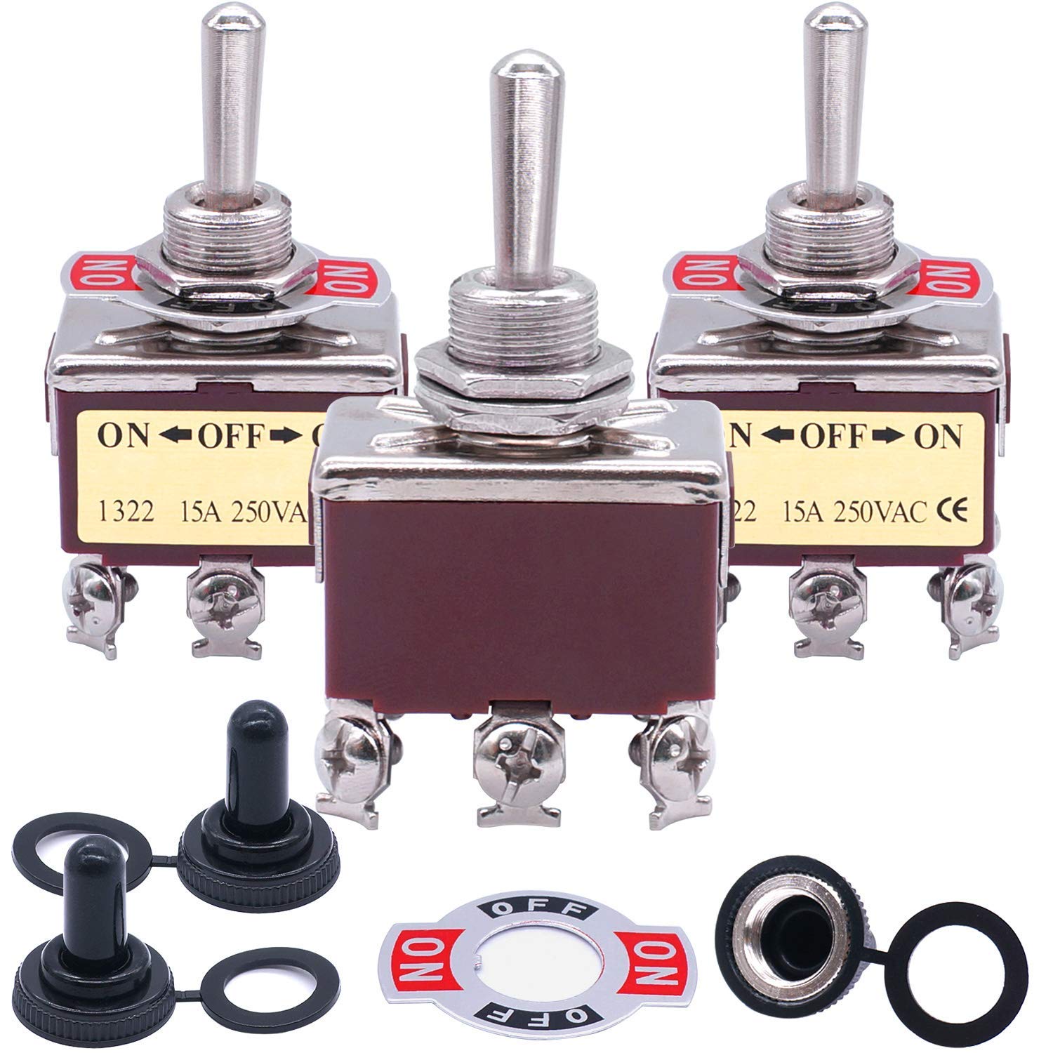 Kippschalter, 3 Stück, universell, robust, 20 A, 125 V, DPDT, 6 Anschlüsse, EIN/Aus/EIN, Wippe aus Metall + 3 Stück wasserdichte Abdeckung