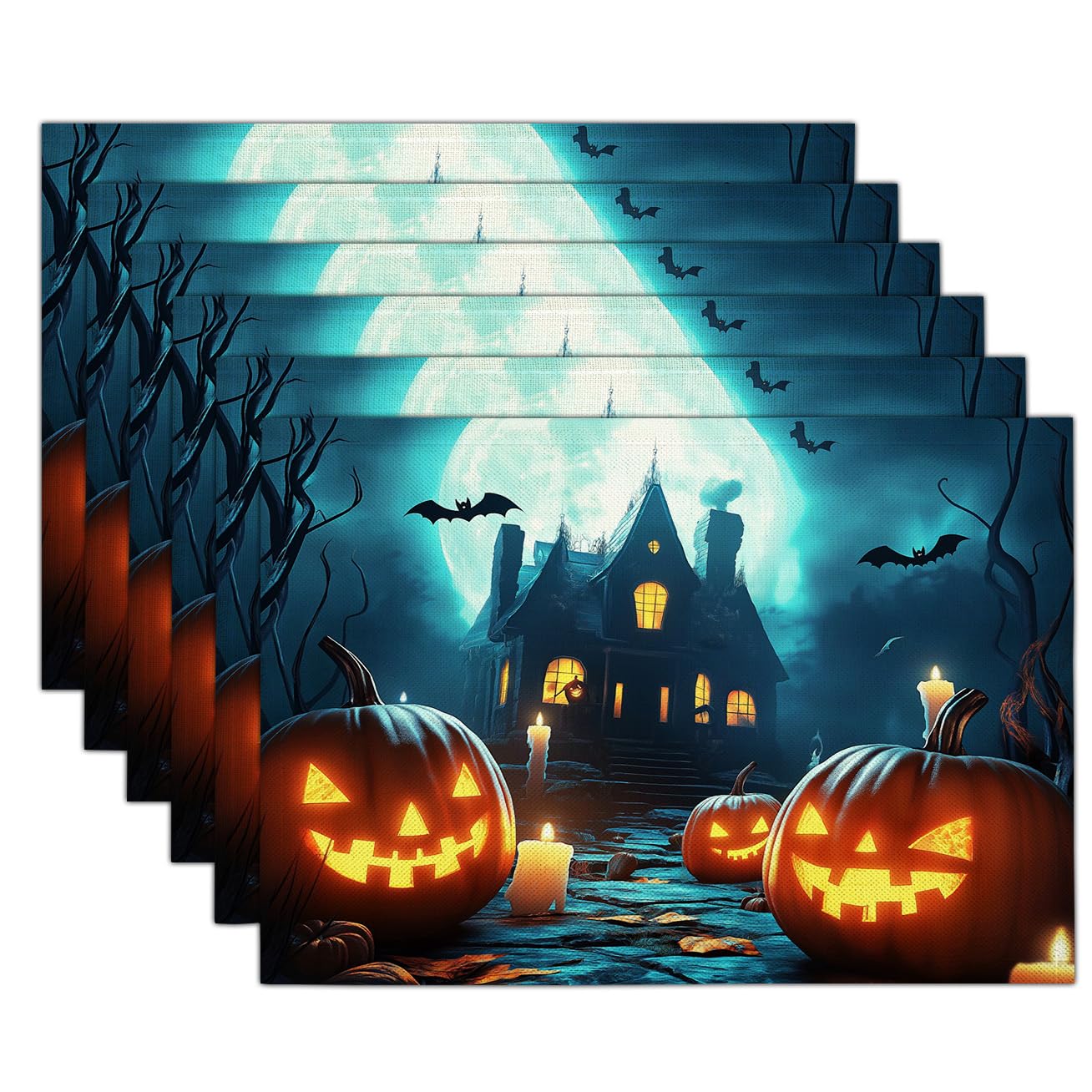 Lot de 8 sets de table Halloween lavables au motif de citrouilles et maison hantée