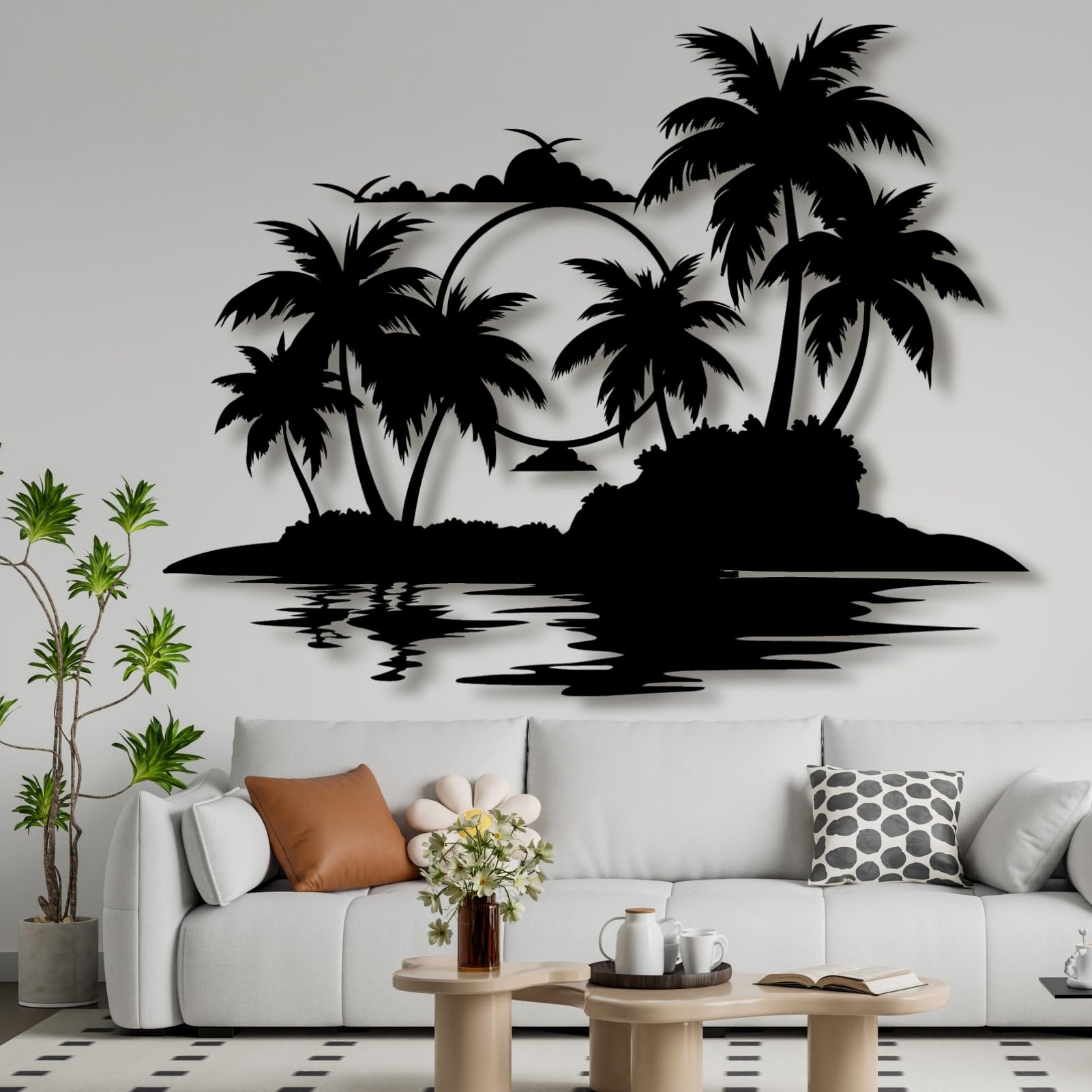 Lunwall Palmier en métal, décoration murale en forme de palmier tropical, 76 x 60 cm, support mural, intérieur et extérieur, noir