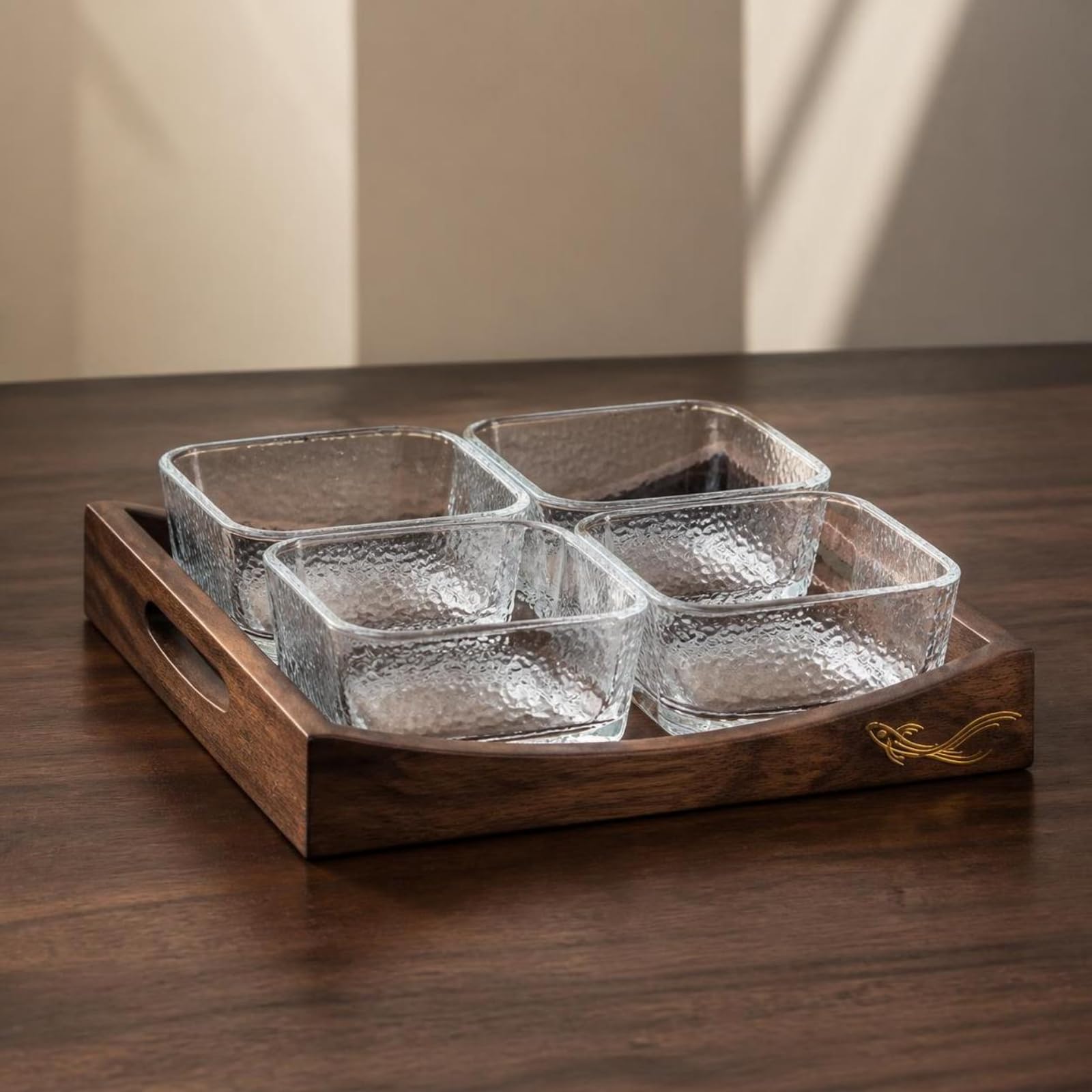Plateau à Collation avec Coupelles Verre, Style Chinois Rétro, Plateau Rectangulaire À Quatre Compartiments Carrés Avec Coupelle En Verre Et Couvercles En Bois, color to 2