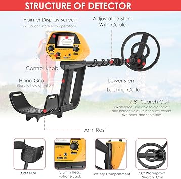 Metal Detector Lightweight Gold Detector with Waterproof Coil of 20 cm High Sensitivity Oblong Adjustable for Kids Adults Beginners 2 Modes