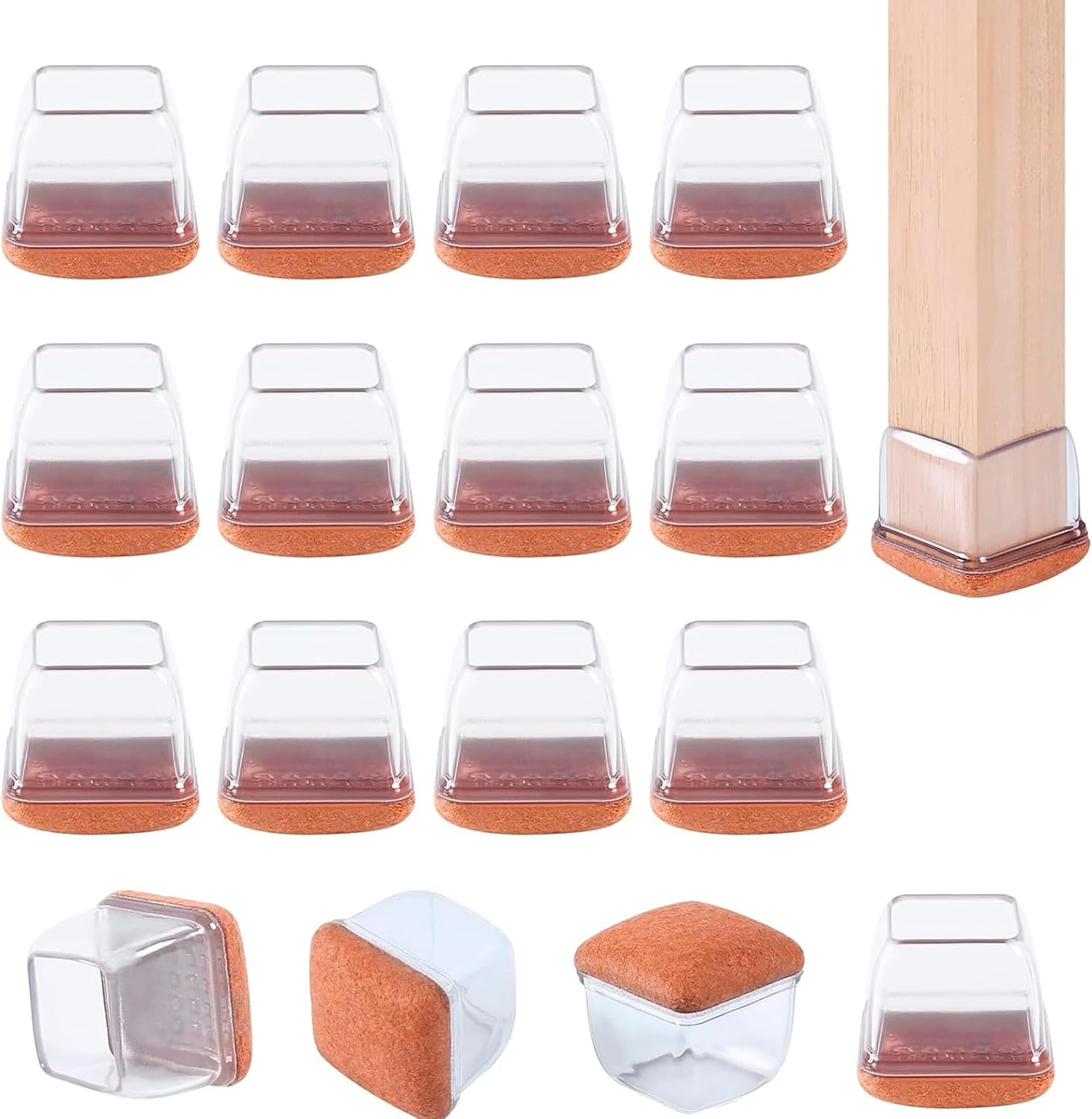 16PCS Silicone Chair Leg Caps, Clear Chair Leg Floor Protectors for Hardwood Floors, Square Felt