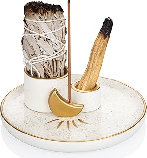 ZenBless Multifunction Incense and Candle Holder for Burning Sage, Palo Santo, Incense Sticks - 5.9" Ceramic Ash Catcher Tray for Meditation Room Home Decor (Gold)