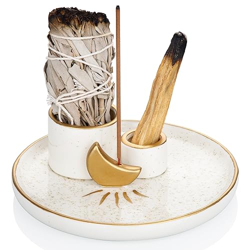 ZenBless Multifunction Incense and Candle Holder for Burning Sage, Palo Santo, Incense Sticks - 5.9" Ceramic Ash Catcher Tray for Meditation Room Home Decor (Gold) - Gold