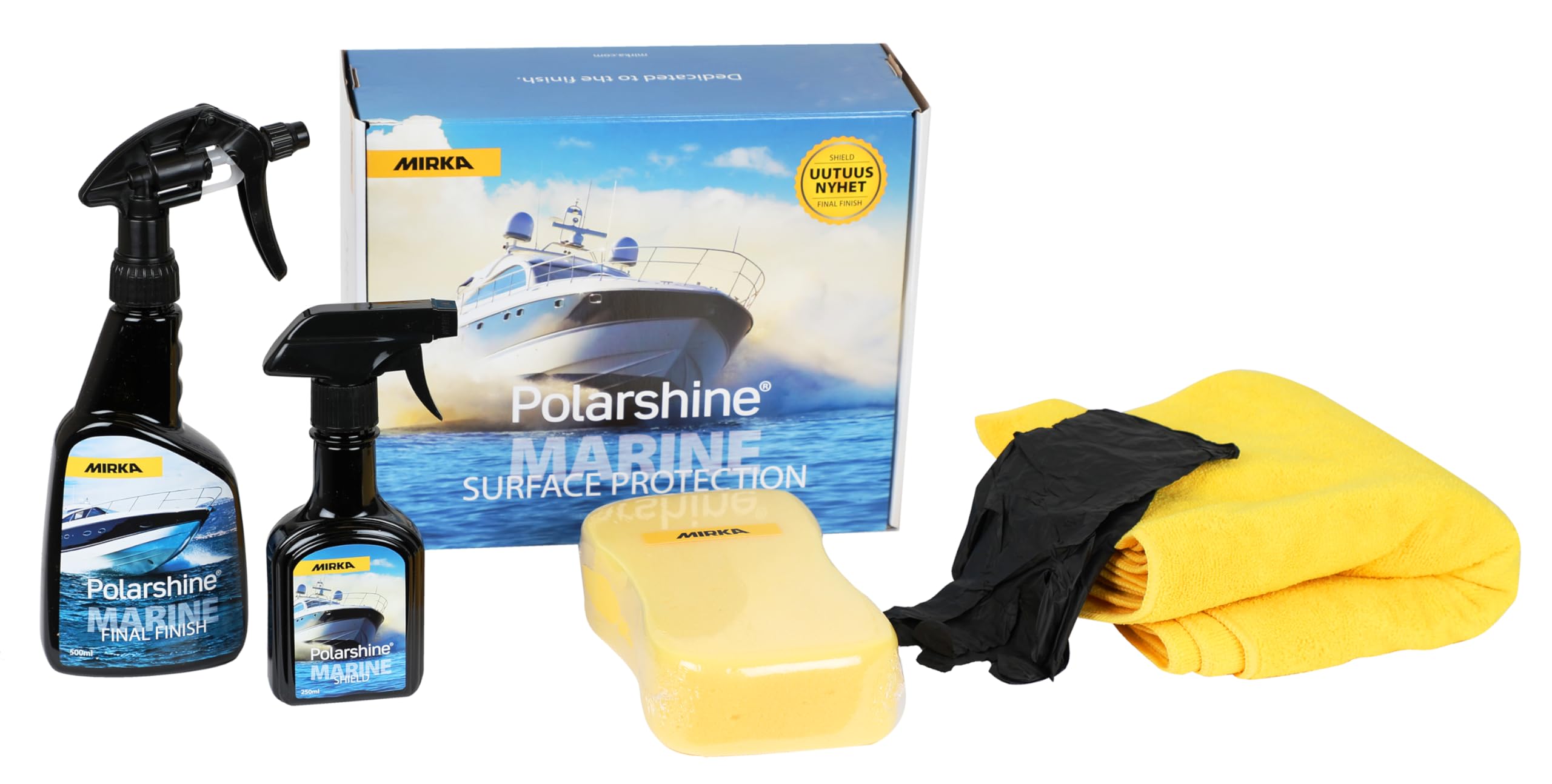 Mirka Polarshine Marine Kit di protezione delle superfici/Detergente Polarshine Final Finish 500 ml, rivestimento ceramico Polarshine Marine Shield 250ml, spugna, panni microfibra, guanti protettivi