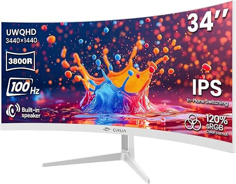 CRUA 34 Inch 21:9 UWQHD Ultrawide Curved Monitor with Speakers, White