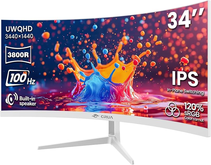 34 Inch 21:9 UWQHD 100Hz IPS Ultrawide Curved Monitor, Speakers, White | 120% sRGB, 92% DCI-P3, 1.07B Colors, FreeSync, Blue Light, 3800R, HDMI 2.0, DP 1.4, 100x100 Mount, Office, Editing, Design PC